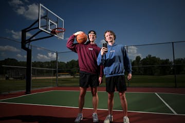 Joe Doerrer, right, and Nolan Newberg, who run Strictly Bball together, stand for a portrait at Shamrock Park Monday, June 20, 2022 in Shoreview, Minn