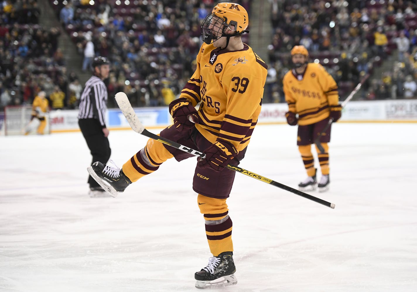 Minnesota Gophers forward Ben Meyers (39) celebrated his third period goal against the Ohio State Buckeyes. ] Aaron Lavinsky &#x2022; aaron.lavinsky@startribune.com The University of Minnesota Golden Gophers played The Ohio State University Buckeyes on Saturday, Jan. 25, 2020 at the 3M Arena at Mariucci in Minneapolis, Minn.