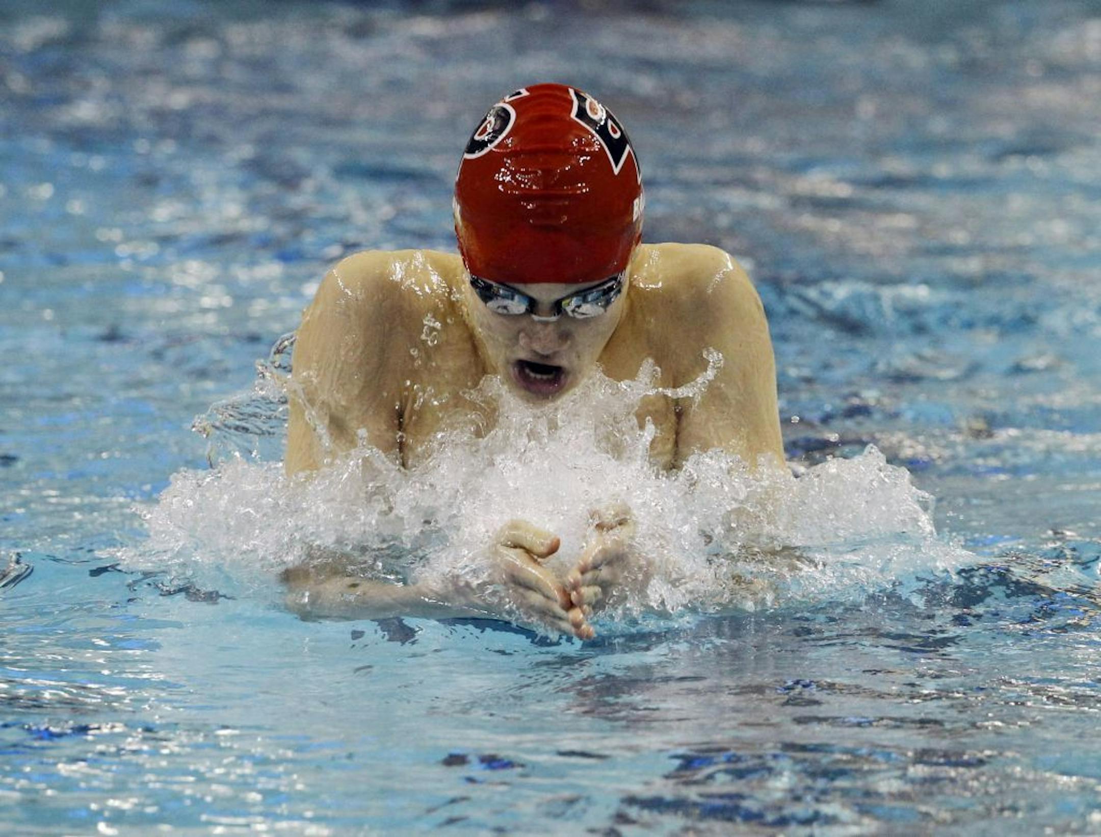Griffin Back of Eden Prairie competes in the 200 yard individual medley during the boys state swimming and diving meet at the University of Minnesota Saturday, March 1, 2014. Back took first place in the event. ( Photo/Ann Heisenfelt) ORG XMIT: 169755 PREP030214swim 6