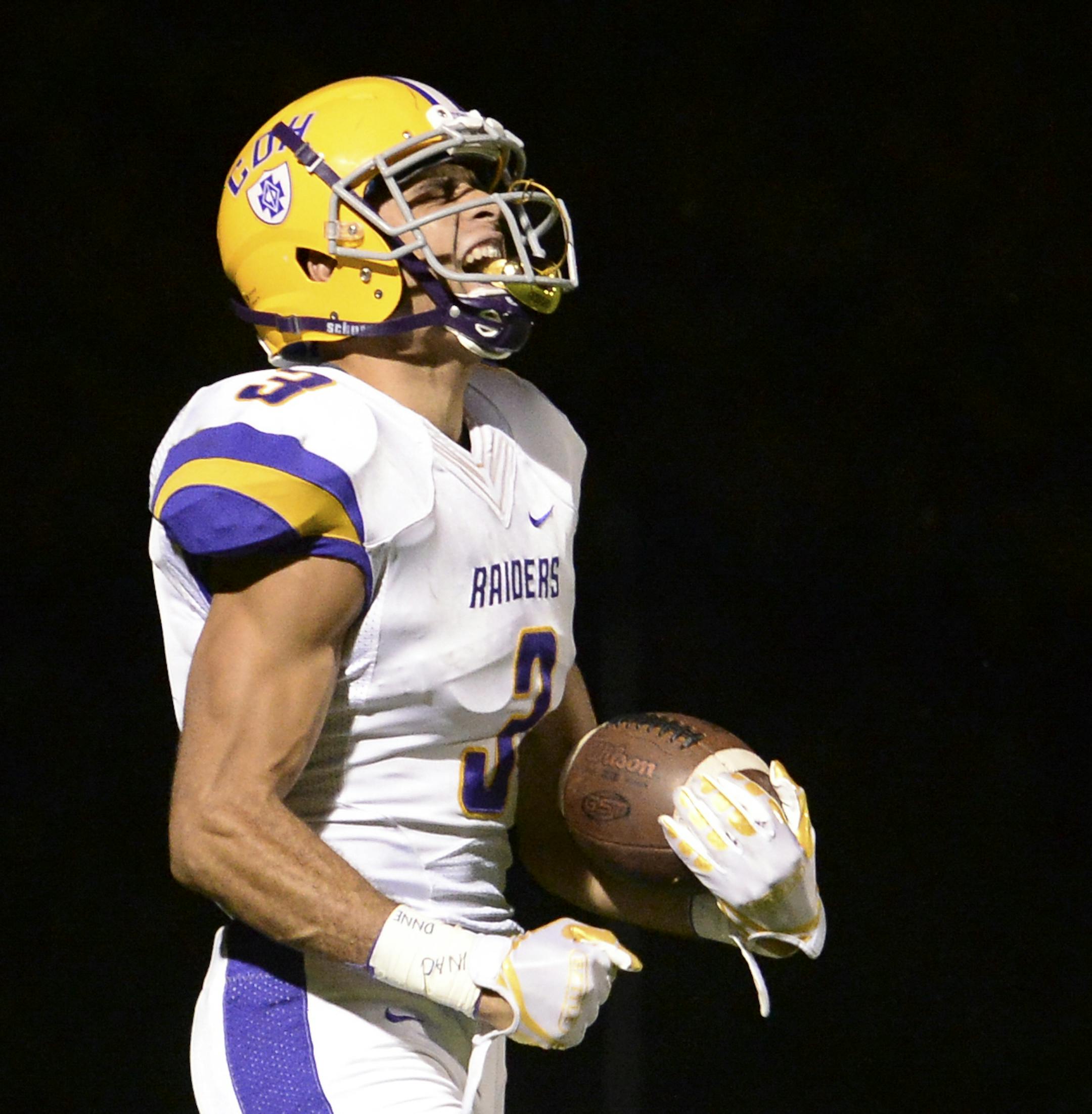 Cretin-Derham Hall wide receiver Peter Udoibok (3) celebrated after scoring a second half touchdown against Totino-Grace Thursday night. ] AARON LAVINSKY • aaron.lavinsky@startribune.com Totino-Grace played Cretin-Derham Hall in a Class 6A football game on Thursday, Aug. 30, 2018 at Totino-Grace High School in Fridley, Minn.