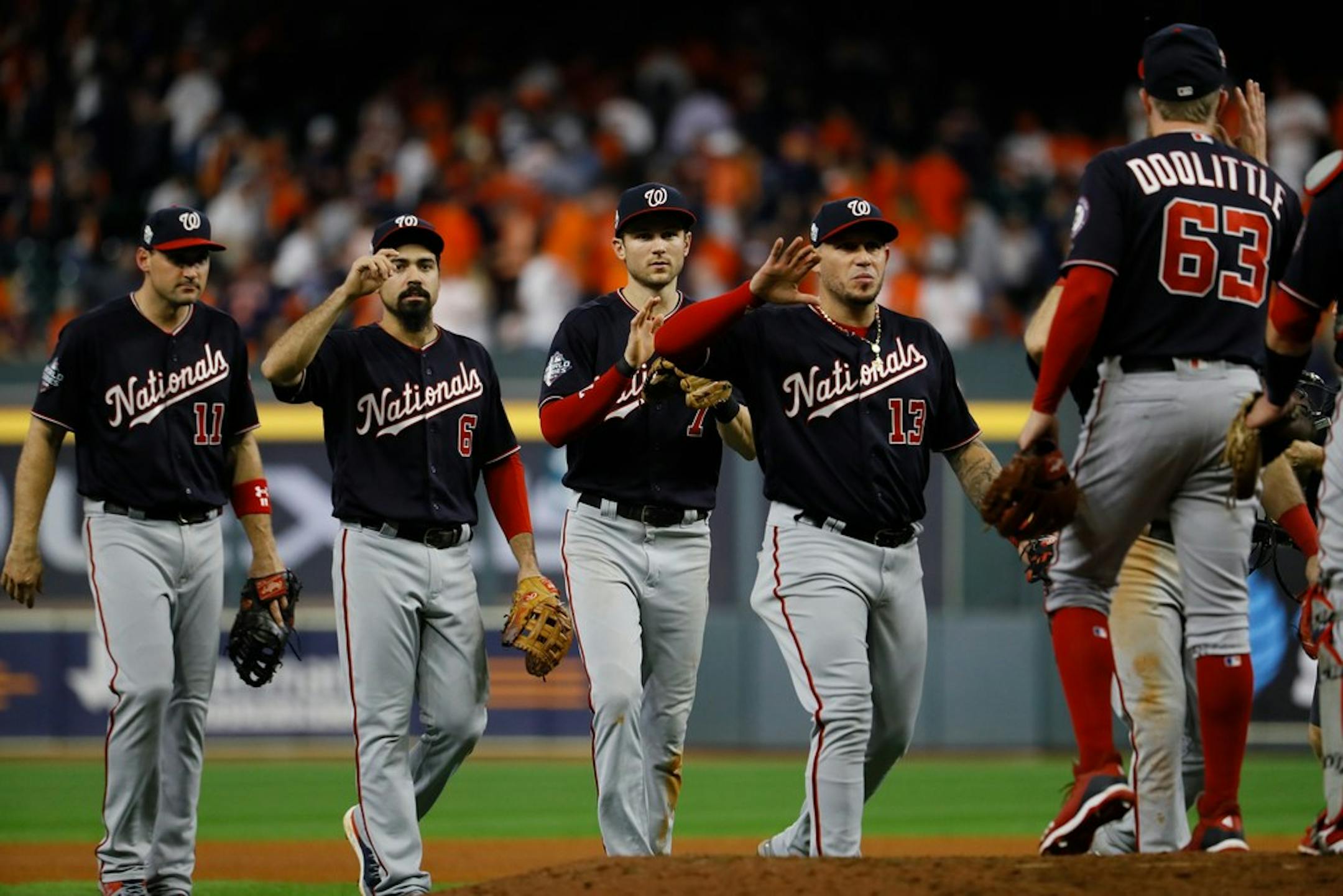 Washington players celebrated after winning Game 6 on Tuesday, which lasted 3 hours, 37 minutes.