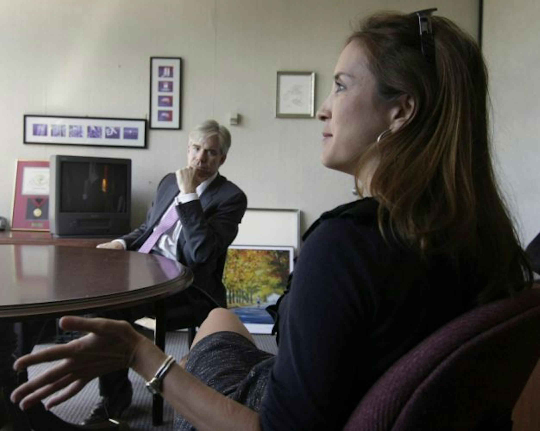 "Meet The Press" executive producer Betsy Fischer talked about the long-running program. She and host David Gregory, background, were at KARE-TV studios recently to interview Gov. Tim Pawlenty.