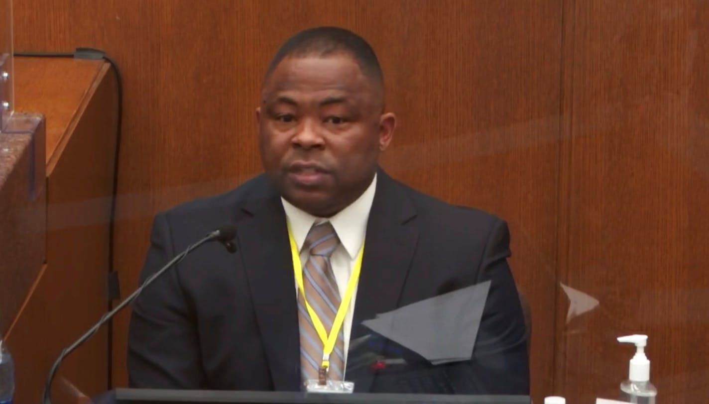 In this image from video, witness Jody Stiger, a Los Angeles Police Department sergeant, testifies at the trial of former Minneapolis police officer Derek Chauvin.