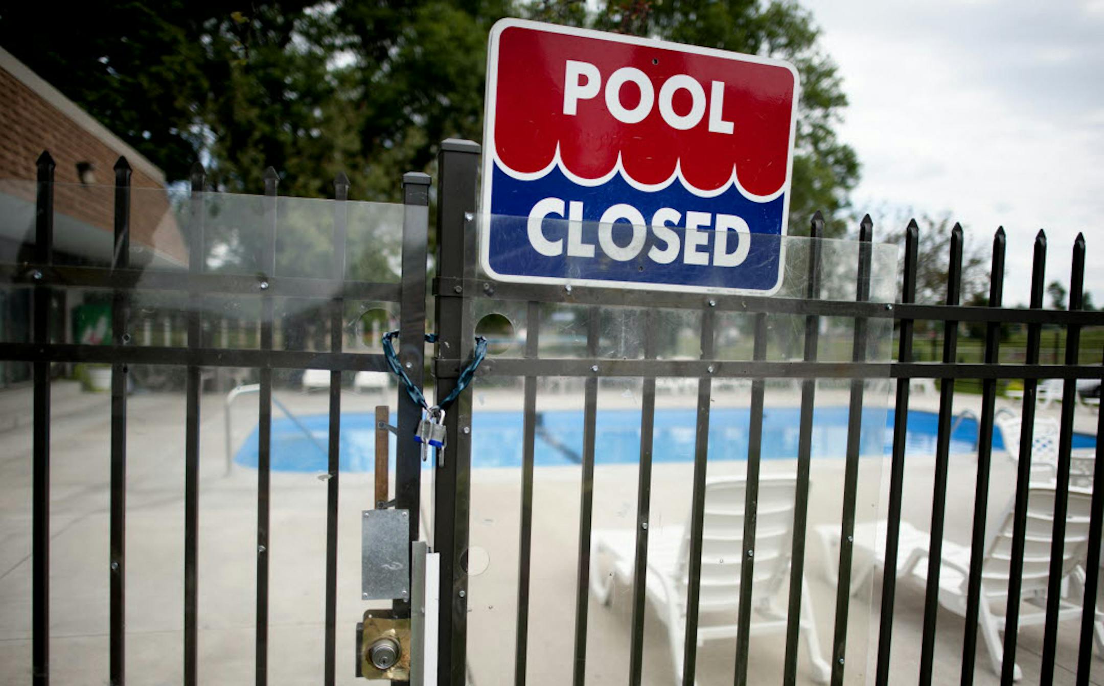 The pool at Lancaster Village Apartments in Plymouth where two people drowned was closed Tuesday.