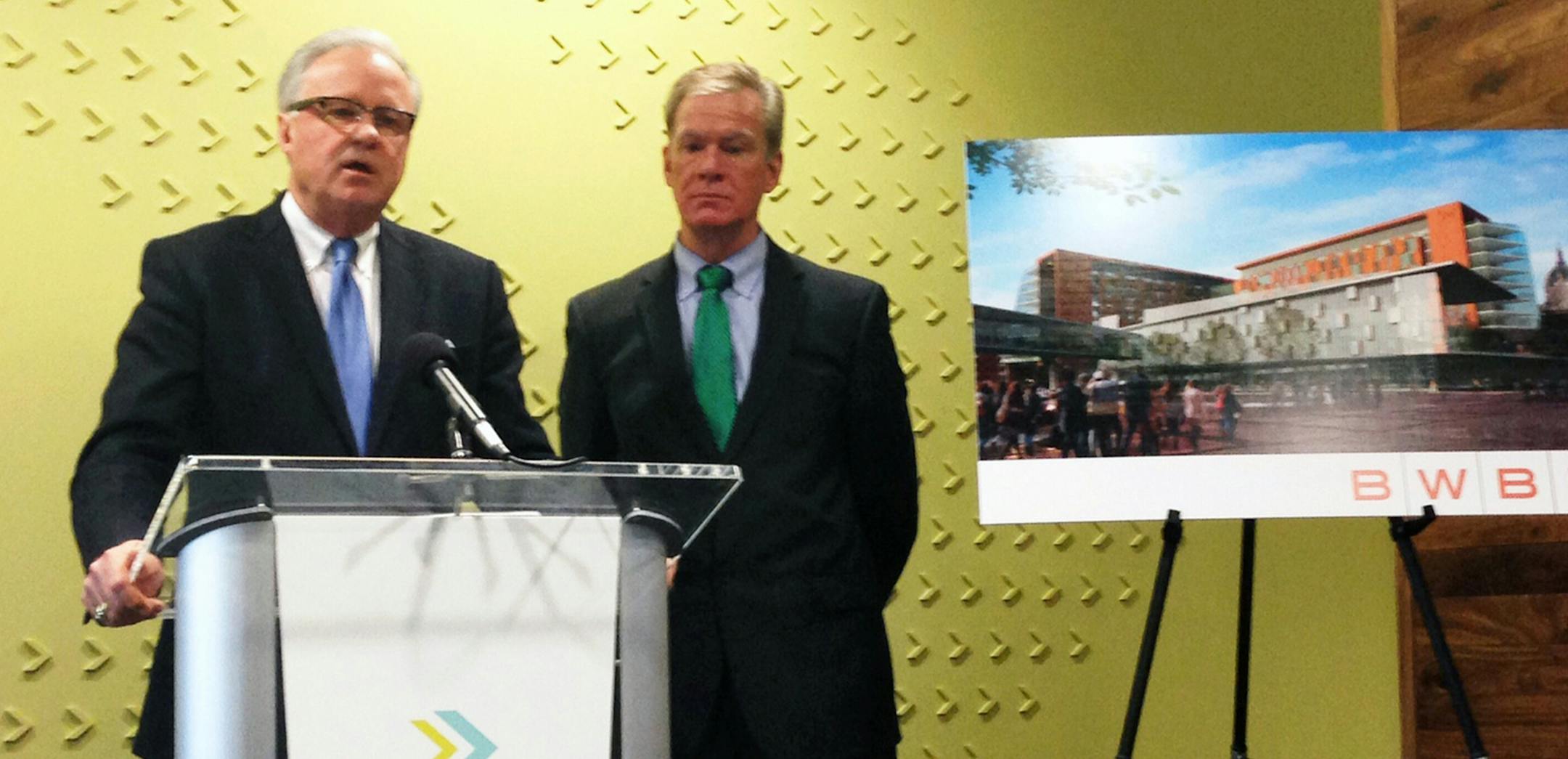 Greater MSP CEO Michael Langley and St. Paul mayor Chris Coleman at mayors task force for downtown development ORG XMIT: MIN1403281125100273 ORG XMIT: MIN1612201659462161