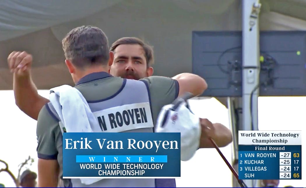 Erik van Rooyen hugged caddy Alex Gaugert, himself a former Gophers golfer, after Sunday’s final putt.