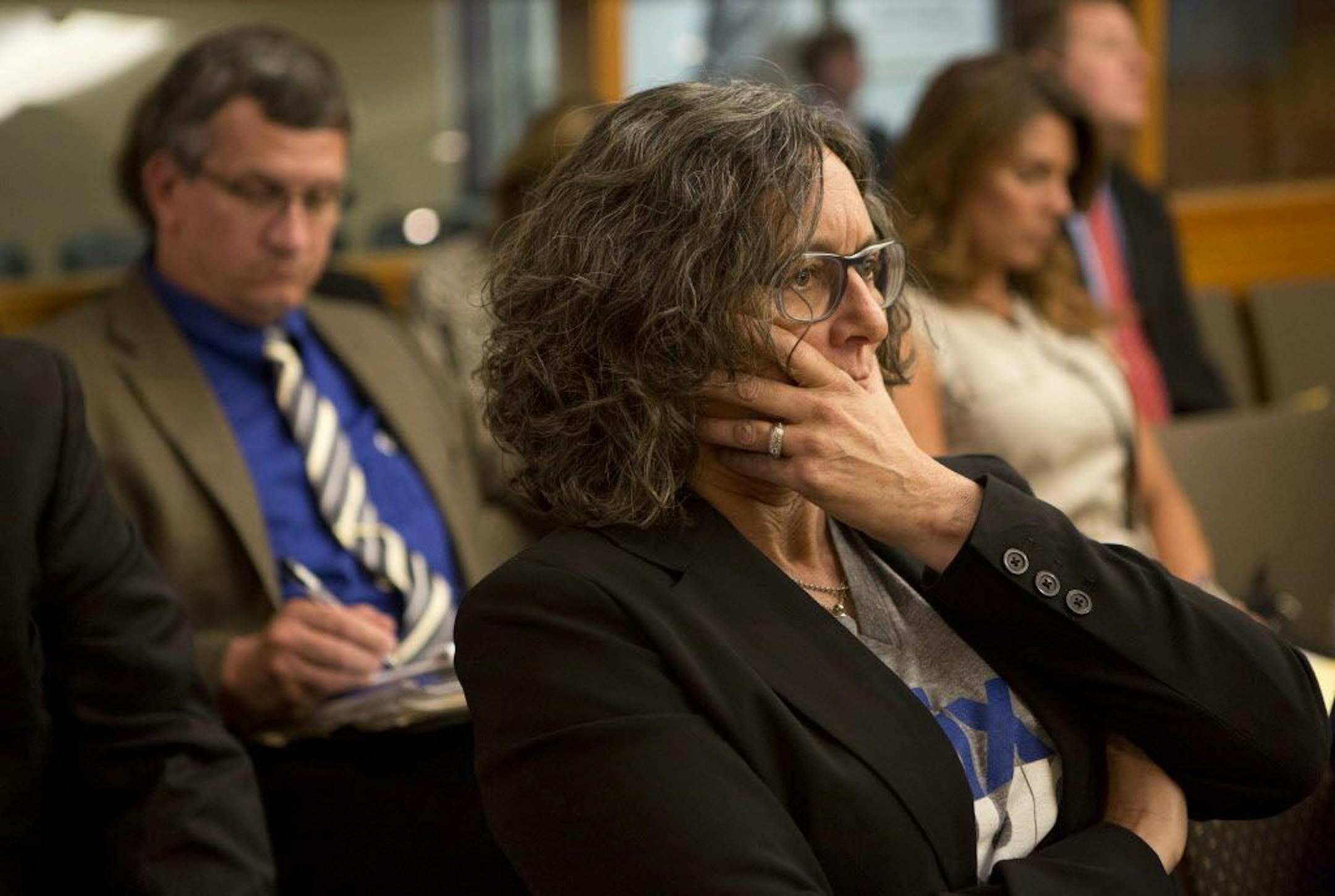 Kim Bartmann, restaurant owner, waits in anticipation for the Metropolitan Airports Commission's decision on whether to approve her and her partners, The Cedar Cultural Center and Delaware North, for a lease to open up a new venue in Terminal 1 (Lindbergh) at the Minneapolis-Saint Paul International Airport, Monday, Aug. 17, 2015. The board opted to support a proposal by Republic, LoLo and McNally Smith School of Music instead.