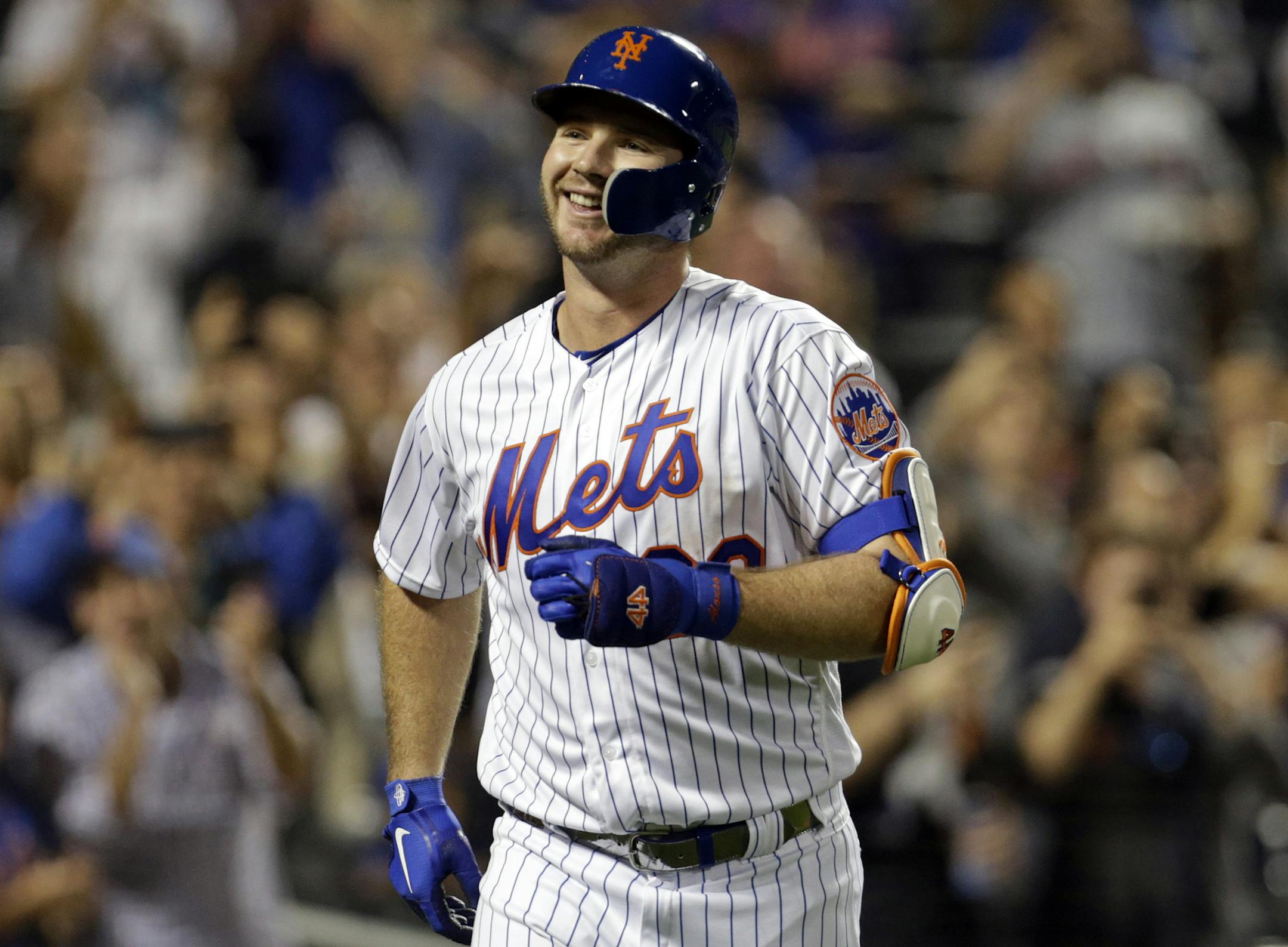 New York Mets' Pete Alonso reacts after hitting his 53rd home run of the season during the third inning of a baseball game against the Atlanta Braves, Saturday, Sept. 28, 2019, in New York. (AP Photo/Adam Hunger)