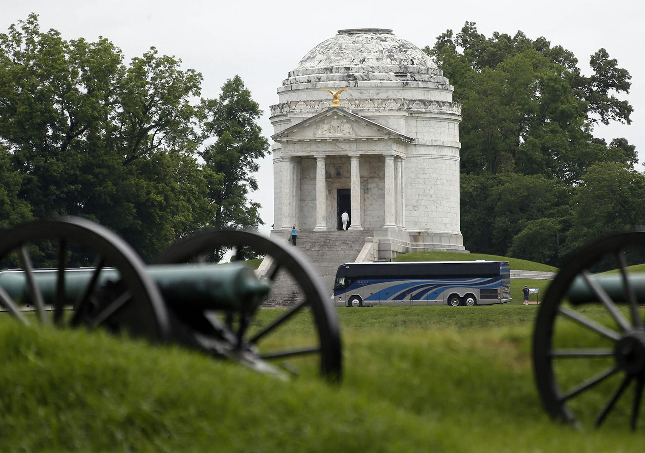 A bus load of visitors pull up to the Illinois Memorial at the Vicksburg National Military Park in Vicksburg, Miss., Wednesday, May 22, 2013. Even 150 years later, Vicksburg is still overshadowed by Gettysburg _ so much so, that the Mississippi city is having its Civil War commemoration a few weeks early rather than compete with Pennsylvania for tourist dollars around July 4. History buffs are traveling to battlegrounds to mark the 150th anniversary of the Civil War from 2011 to 2015. Union forc