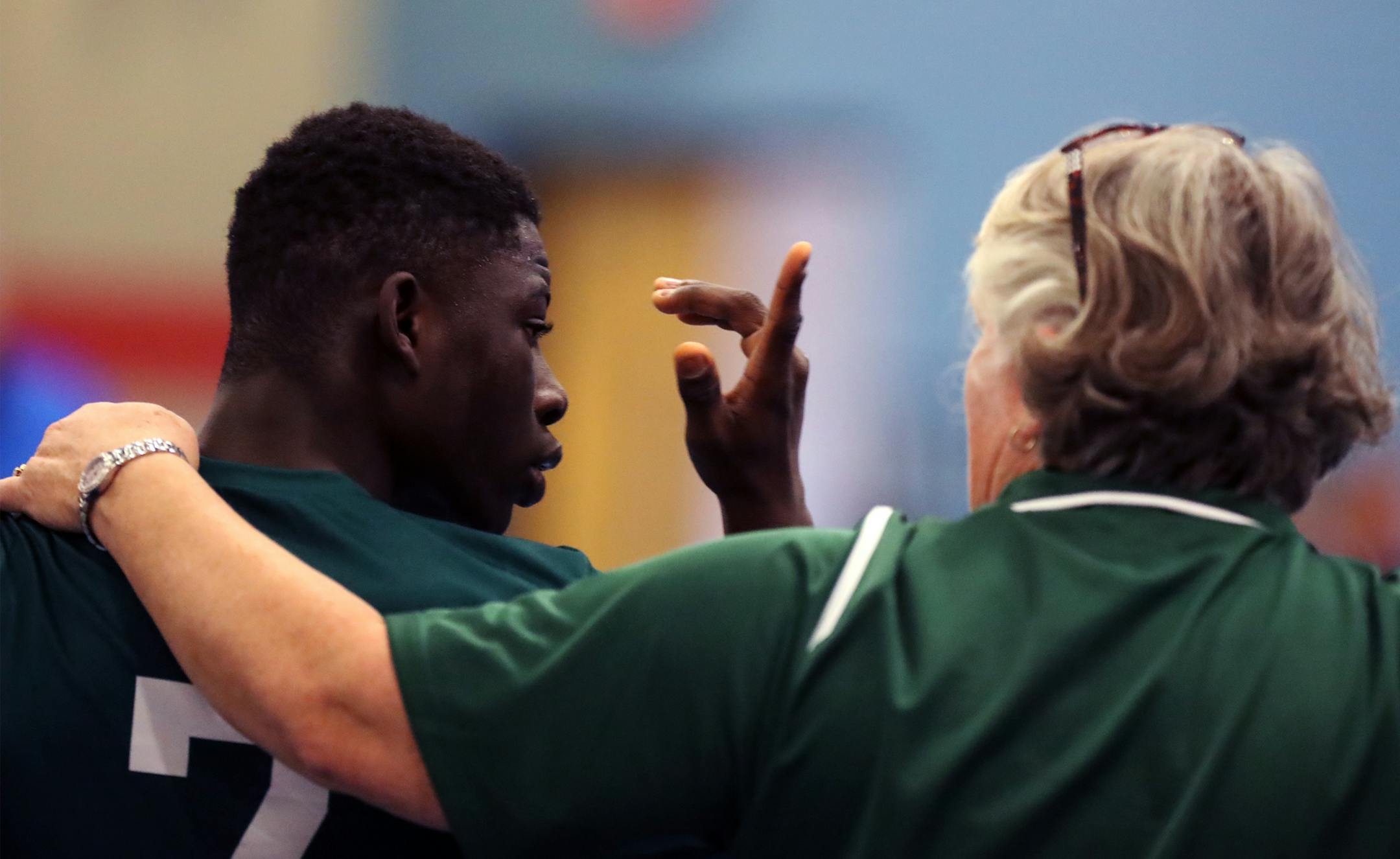 Philip Worzie(7) had a talk with head coach Kelli Walk about his play. ] Park Center cognitively impaired adapted soccer team played against Anoka-Hennepin.Richard Tsong-Taatarii/rtsong-taatarii@startribune.com