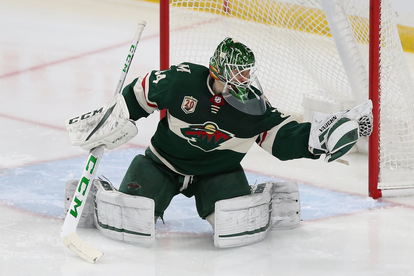 Minnesota Wild's goalie Kaapo Kahkonen (34) catches the puck during the third period of an NHL hockey game against the Vegas Golden Knights, Wednesday, March 10, 2021, in St. Paul, Minn. Minnesota won 4-3. (AP Photo/Stacy Bengs)