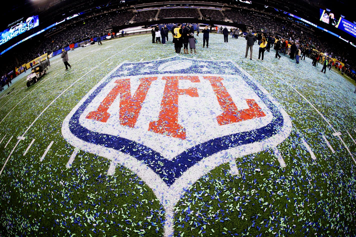 The field and NFL logo are covered with confetti after Super Bowl XLVIII between the Seattle Seahawks and the Denver Broncos last February in East Rutherford, N.J. Minnesota is bidding on the 2018 Super Bowl.