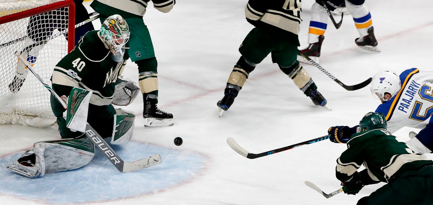 The Blues' Magnus Paajarvi (56) shot the puck past Wild goalie Devan Dubnyk for the game-winning, series-clinching goal in overtime at Xcel Energy Center on Saturday. ] CARLOS GONZALEZ � cgonzalez@startribune.com - April 22, 2017, St. Paul, MN, Xcel Energy Center, NHL, Stanley Cup Playoffs, Game 5, Minnesota Wild vs. St. Louis Blues