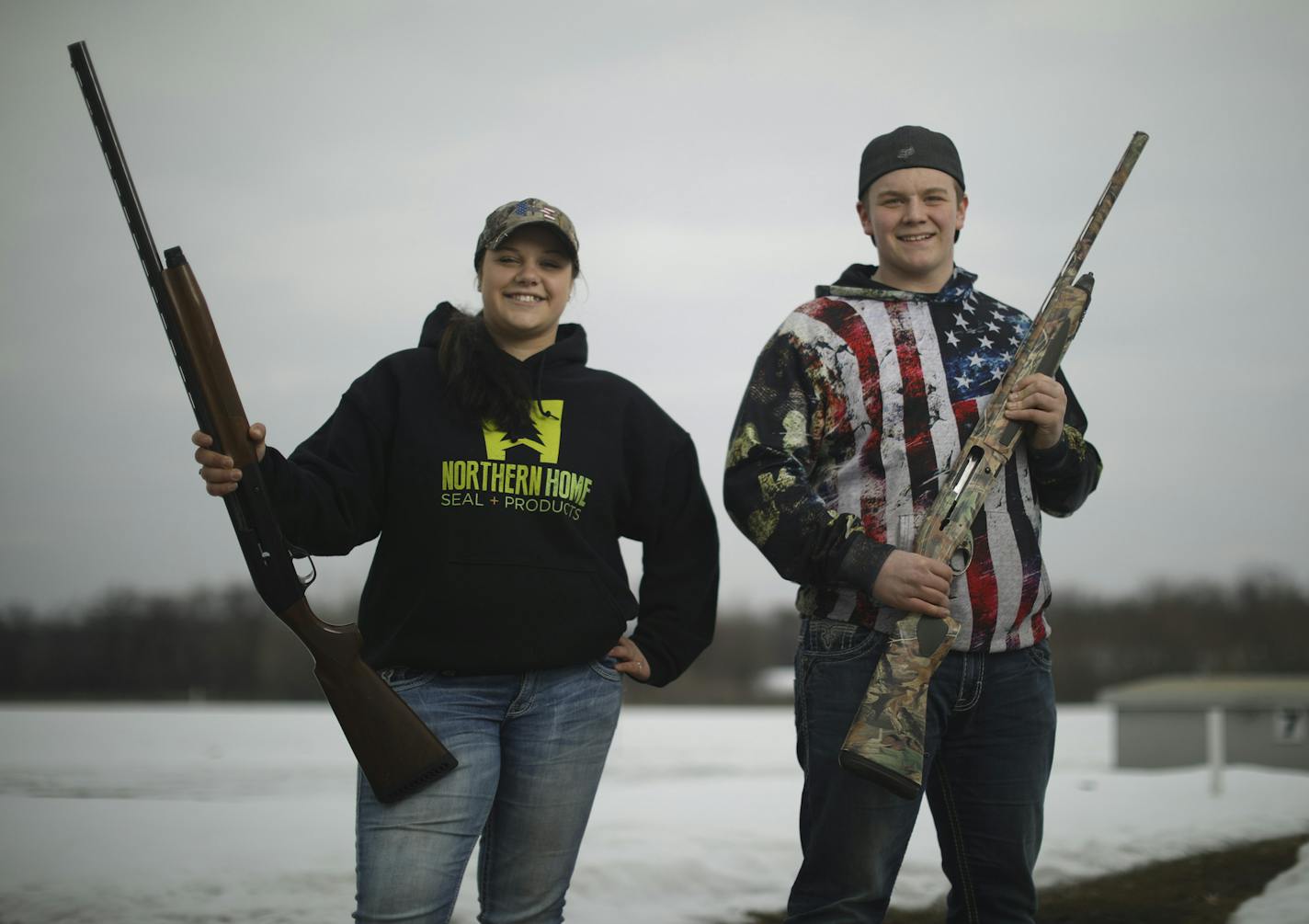 Kenzie Swanson and Cam Williams on the trap range at the Minneapolis Gun Club. The Lakeville South High School students were among the few students who chose not to participate in a walkout last week calling for tougher gun laws.