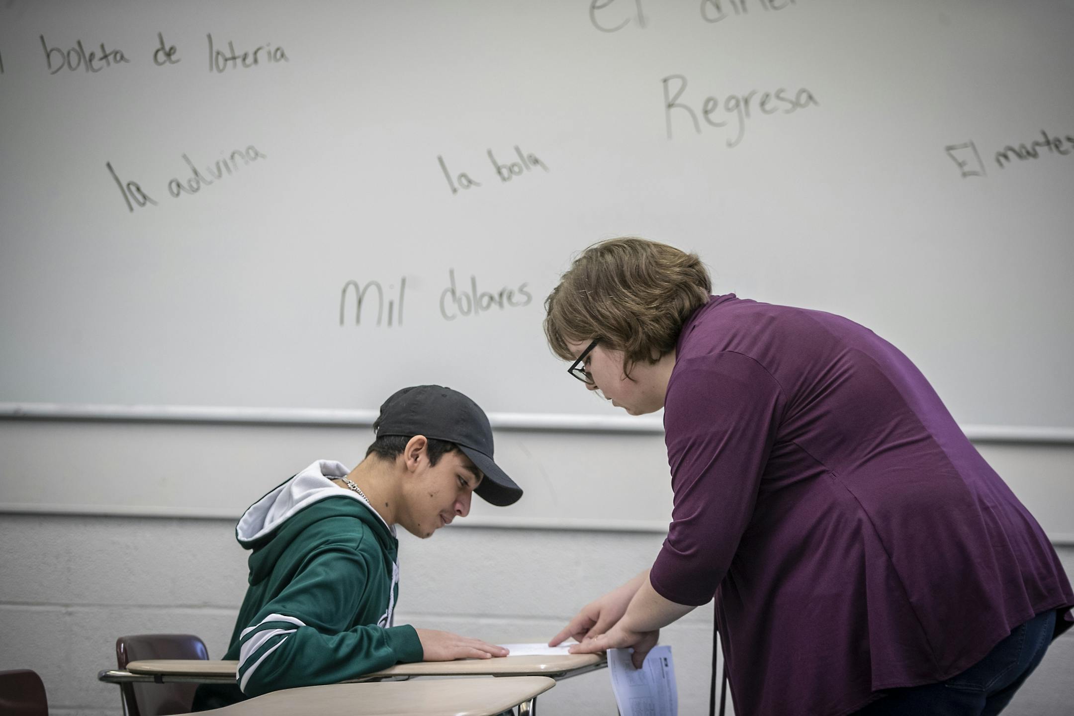 Elias Bastardo Perez worked with Spanish and ESL teacher Carrie Engen, during the first hour of classes at Roseau High School, Tuesday, February 18, 2020 in Roseau, MN.