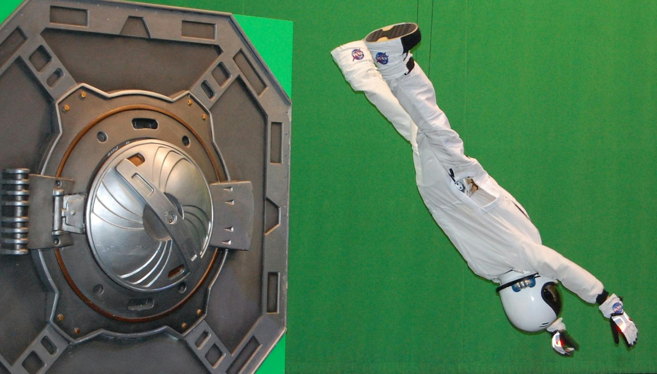 As part of the Special Effects show at Universal Studios Hollywood, stage hand "Jerry" hangs from wires in a space suit. hollywood studio tours