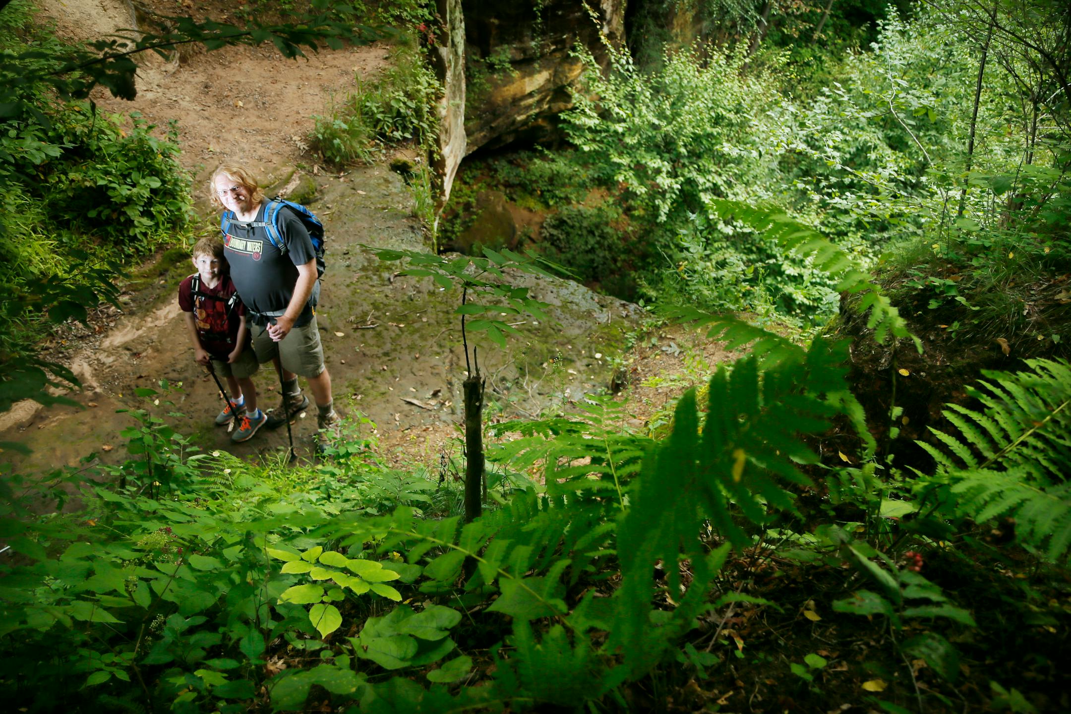 Hiking guide author Rob Bignell and his son Kieran Bignell at Fairy Falls August 31 2015 in Stillwater, MN. ] Jerry Holt/ Jerry.Holt@Startribune.com