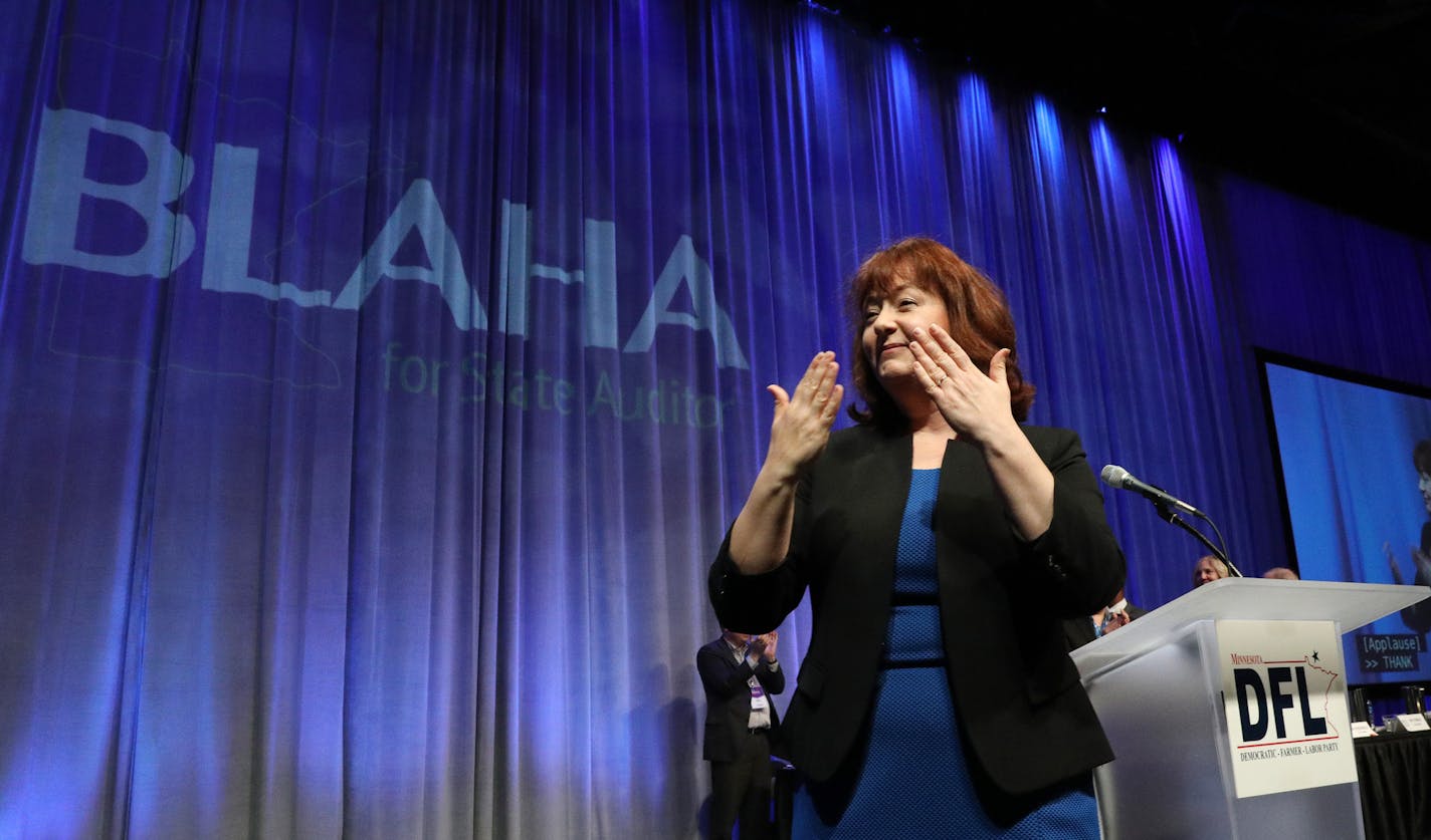 State auditor candidate Julie Blaha thanked her supporters after she secured the party's endorsement during the DFL State Convention Sunday.] ANTHONY SOUFFLE &#xef; anthony.souffle@startribune.com Democrats from around the state gathered for the third day of the DFL State Convention to choose their party's nominees Sunday, June 3, 2018 at the Mayo Civic Center in Rochester, Minn.