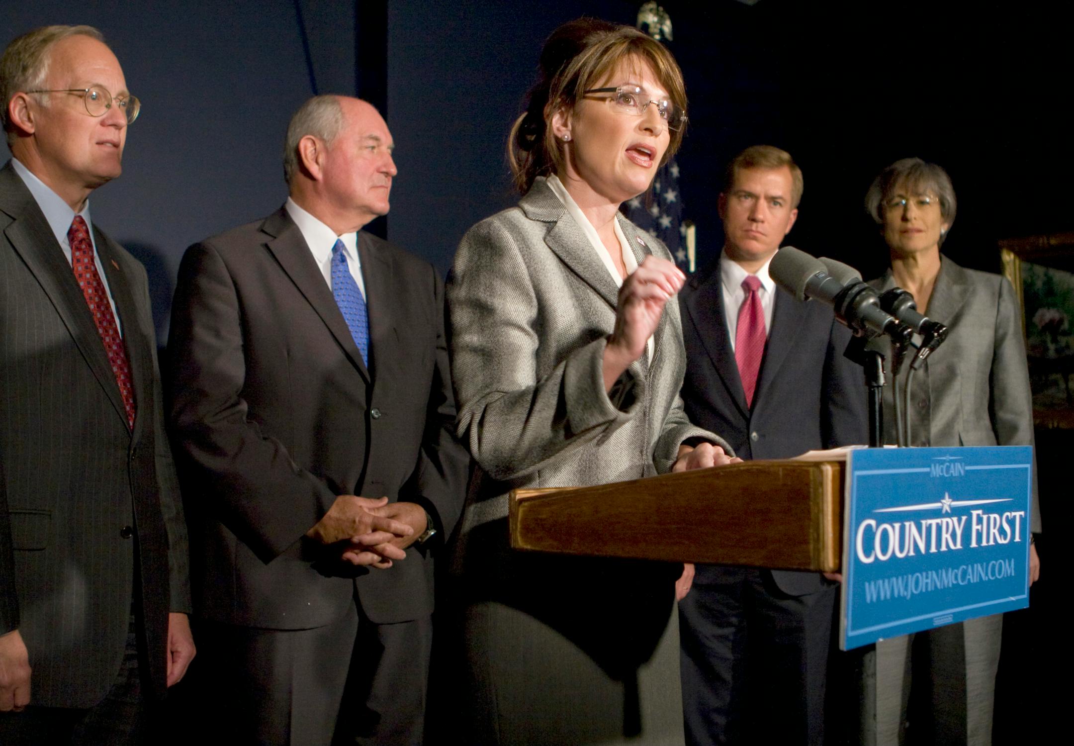 Republican vice-presidential nominee Sarah Palin, with Vermont Gov. Jim Douglas, Georgia Gov. Sonny Purdue, Missouri Gov. Matt Blunt and Hawaii Gov. Linda Lingle behind her, speaks after attending a Republican Governors Association luncheon at the Museum of Russian Art in Minneapolis.