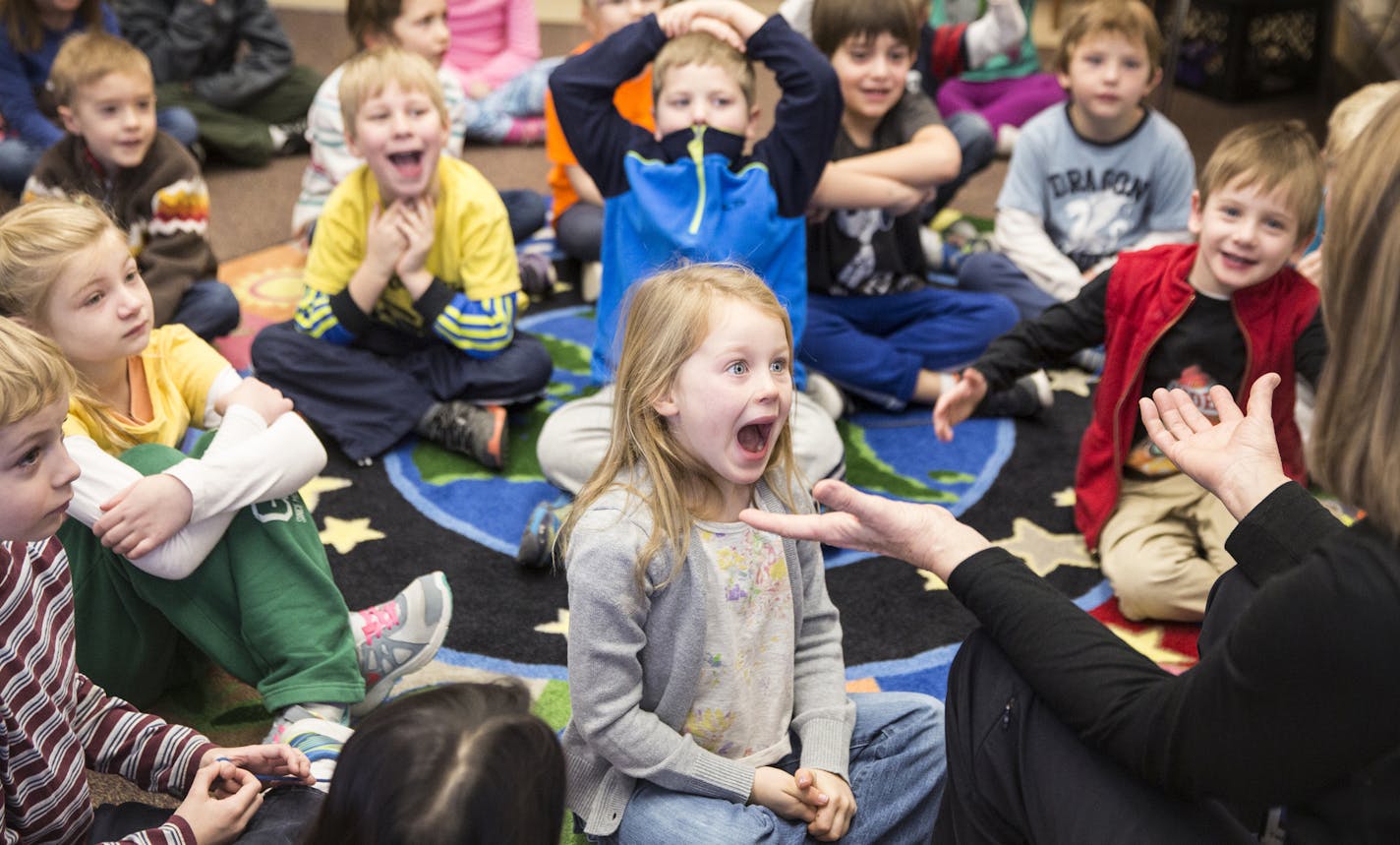 First-grader Layla Gibbs reacted to her teacher's announcement about pajama day at Marine Elementary in Marine on St. Croix.