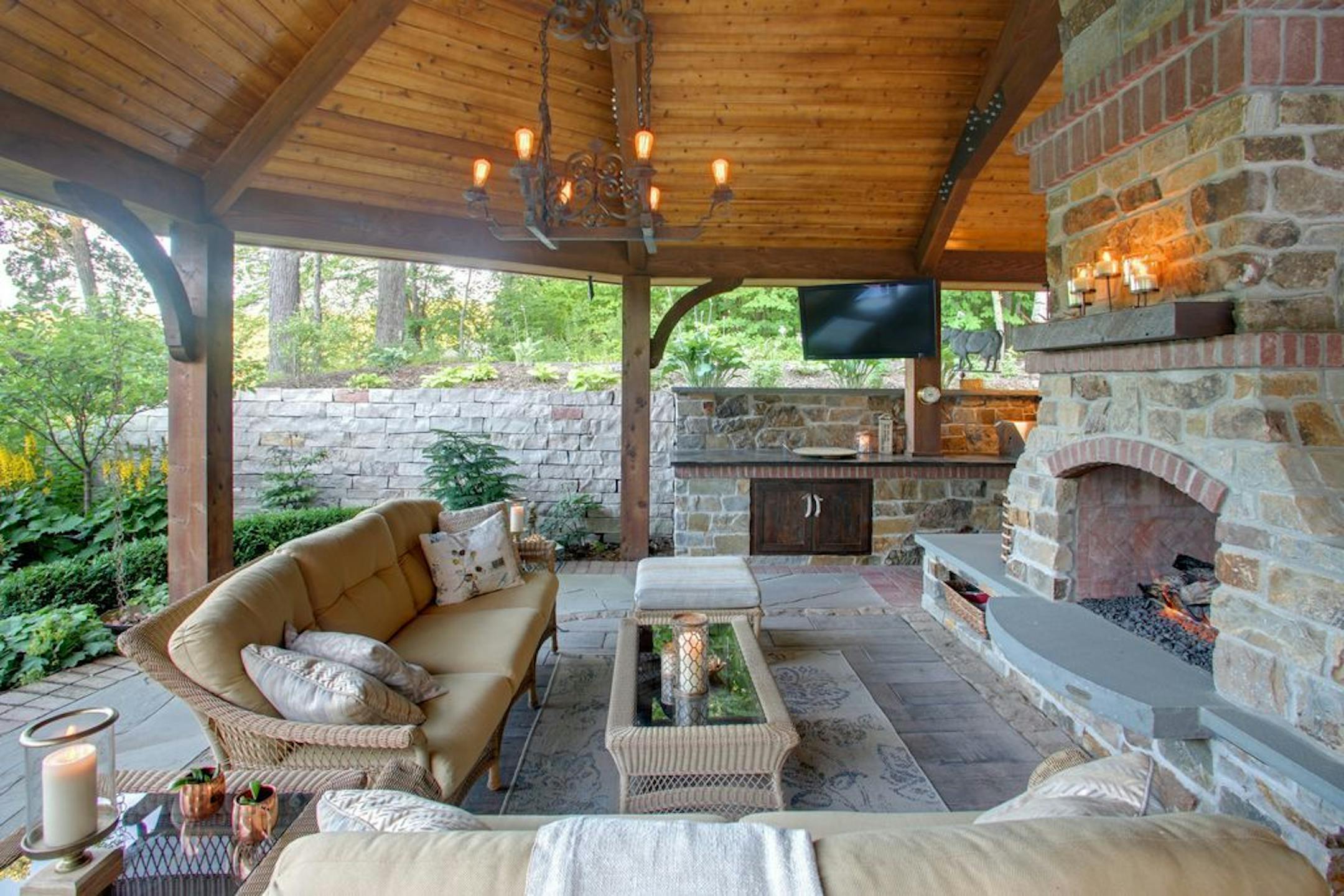 The seating area next to the fireplace.