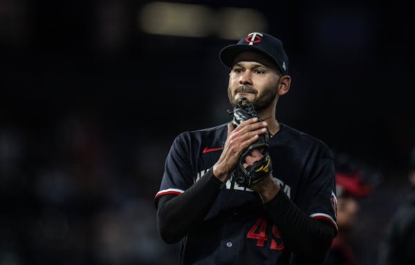Minnesota Twins pitcher Pablo López walked off the mound in the 8th inning Tuesday April 11,2023 in Minneapolis, Minn.] JERRY HOLT • jerry.holt@sta