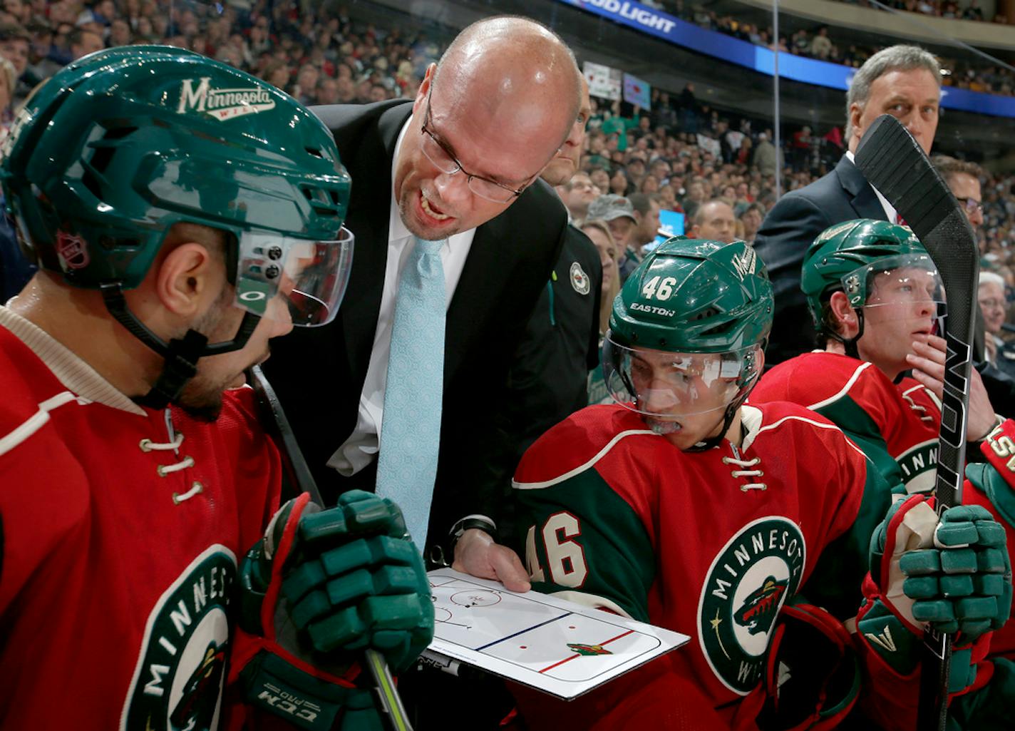 Minnesota Wild head coach Mike Yeo. ] CARLOS GONZALEZ cgonzalez@startribune.com, April 6, 2015, St. Paul, Minn., Xcel Energy Center, NHL, Minnesota Wild vs. Winnipeg Jets ORG XMIT: MIN1504081815053409