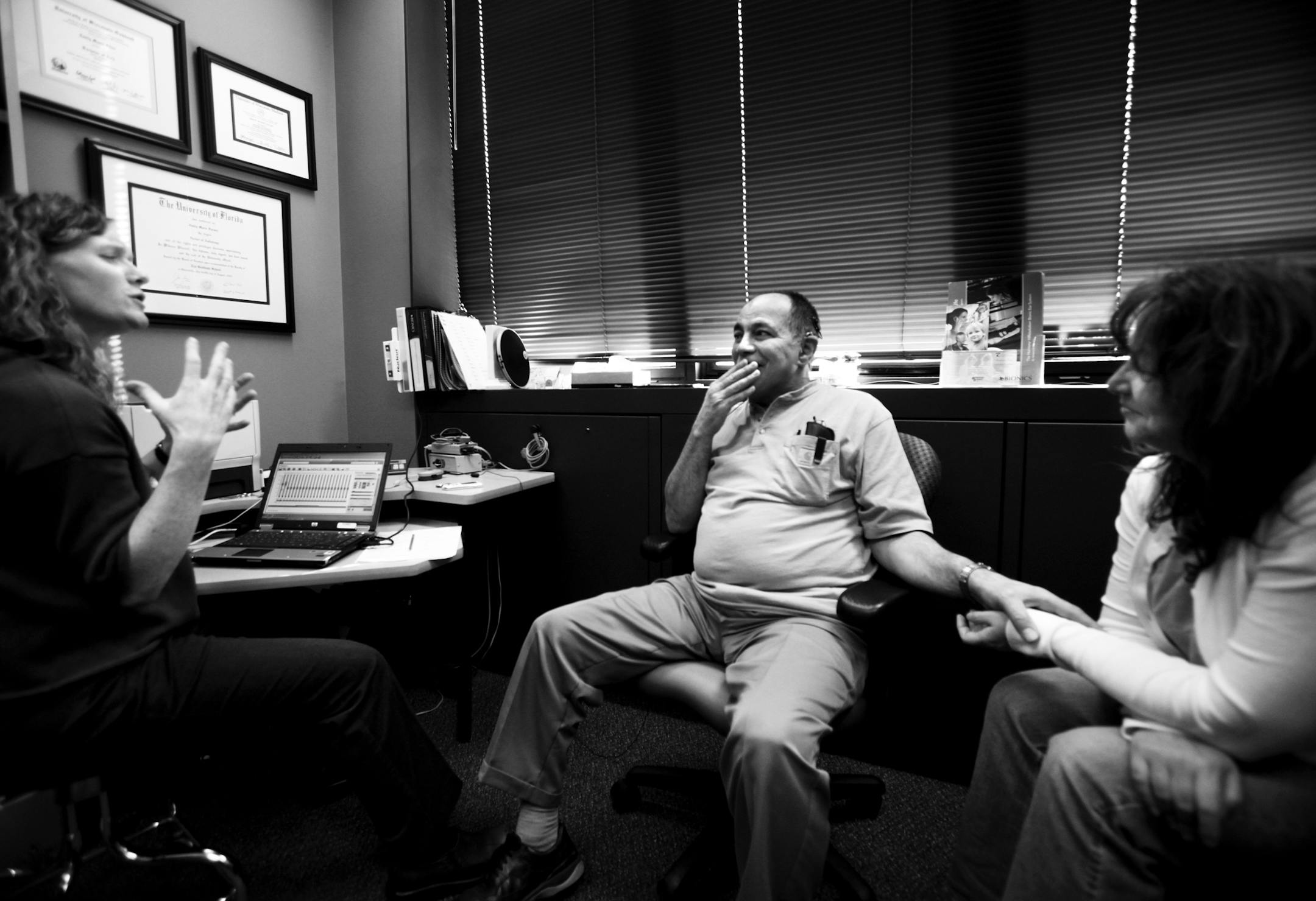 Caesar Marino hoped to hear birds chirp again, perhaps the hushed little voices of grandchildren. Mostly deaf since age seven, Marino, 63, had a cochlear implant surgically implanted within the inner ear during a procedure at the University of Minnesota Medical Center, Fairview recently. The implant is a complex electronic device to help people with severe to profound hearing impairment hear and it was turned on for the first time on Feb. 3. In this photo:] Marino, of Little Canada, reacted afte