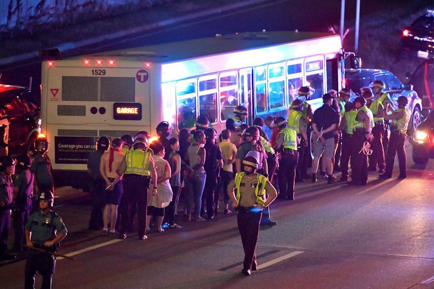 Marchers protesting the Wednesday night shooting death of Philando Castile by police have blocked part of Interstate 94 west of downtown St. Paul Saturday evening. Traffic was stacked in a thick logjam as early as 7 p.m., with the eastbound lanes mostly unmoving. About 7:30 p.m. Saturday, police and the State Patrol were diverting all traffic off eastbound I-94 at the Lexington Avenue exit, with scant traffic traveling in the opposite direction on westbound I-94. Marchers were refusing police or