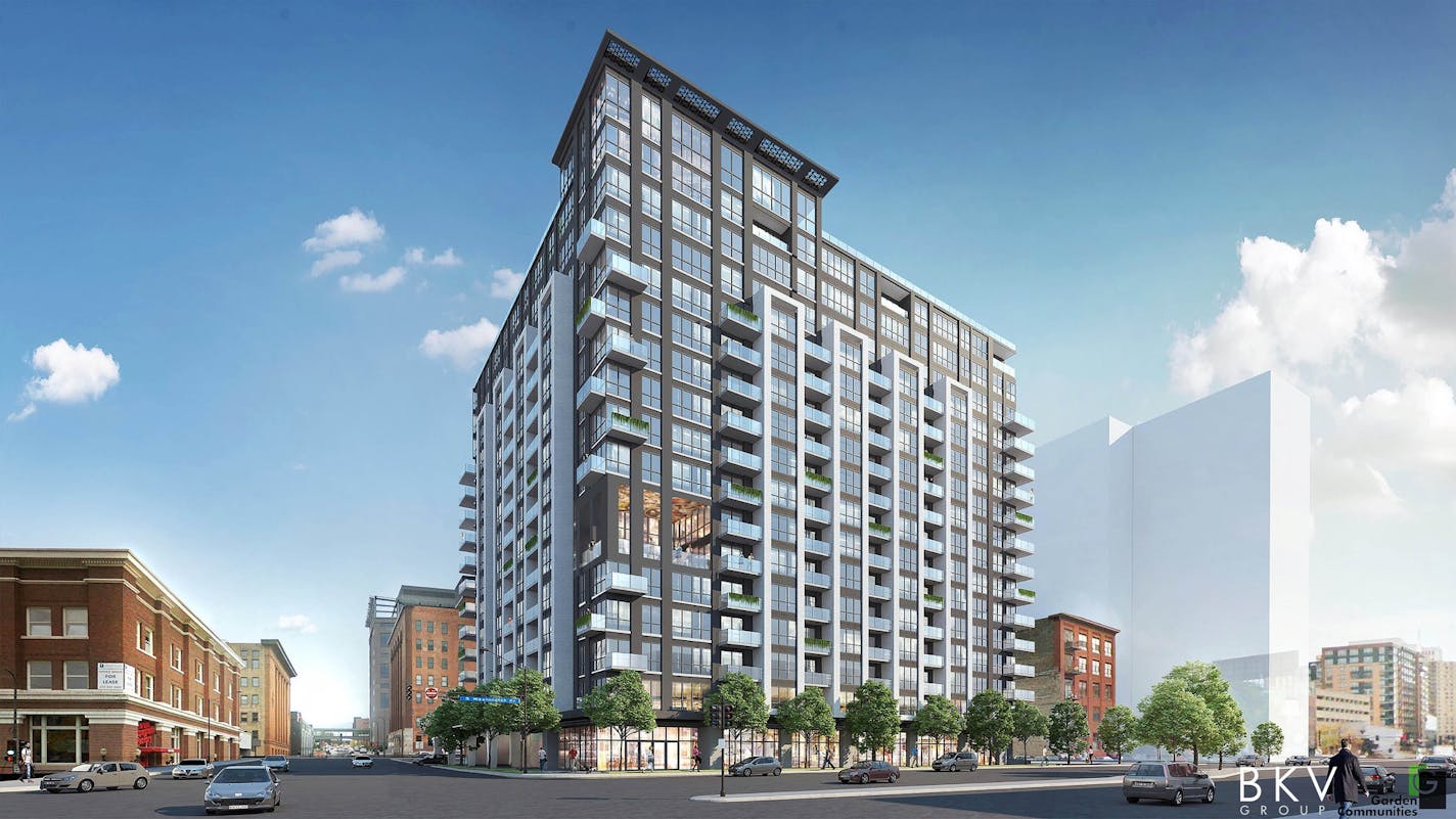 240 Park is a 17-story apartment tower with 205 units that&#x2019;s being developed by the Wilf family in downtown Minneapolis. Construction is expected to begin in March.
Credit: BKV Group.