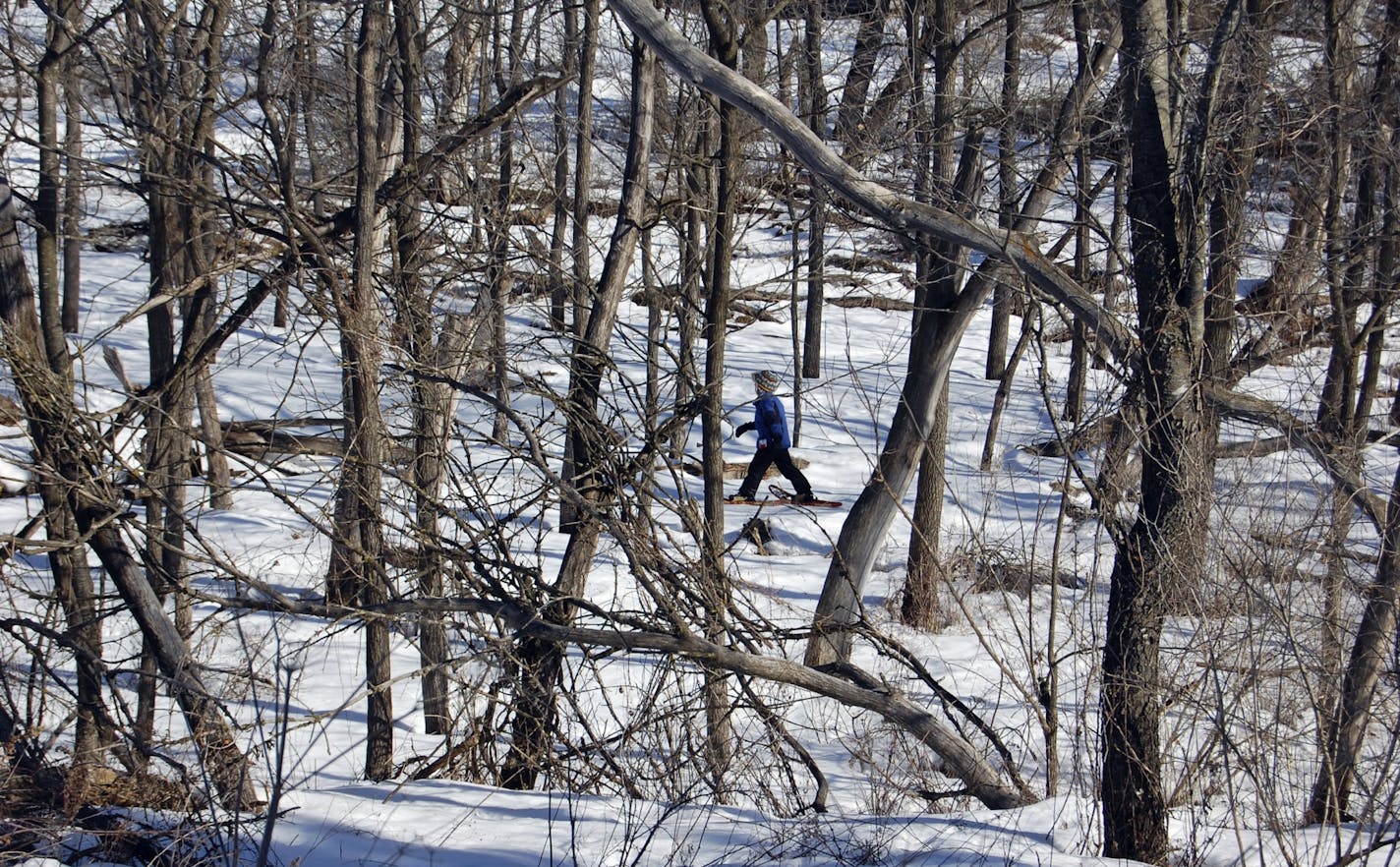 Ryan Muschler tried snowshoeing for the first time during a "Becoming an Outdoors Family" weekend at the Eagle Bluff Environmental Learning Center in Lanesboro, Minn.