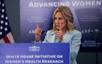 First Lady Jill Biden addressed a discussion on women's health research, Wednesday, Feb. 21, 2024, in Cambridge, Mass.
