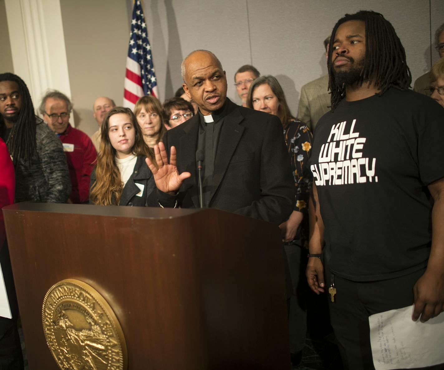 Rev. Paul Slack, president of ISAIAH, spoke to the media during a press conference held before Wednesday's public hearing on drug sentencing reform. ] (AARON LAVINSKY/STAR TRIBUNE) aaron.lavinsky@startribune.com The Minnesota Sentencing Guidelines Commission is advancing a proposal to reform drug sentencing rules. It held a public hearing at the State Office Building on Wednesday, Dec. 23, 2015 in St. Paul. Faith and community activists in favor of sentencing reform spoke prior to the official h