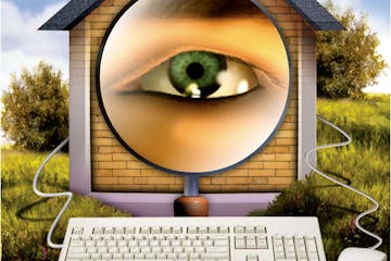 300 dpi 4 col x 9.4 in / 196x239 mm / 667x812 pixels Rick Nease color illustration of magnified eye spying from within a home computer. Detroit Free P