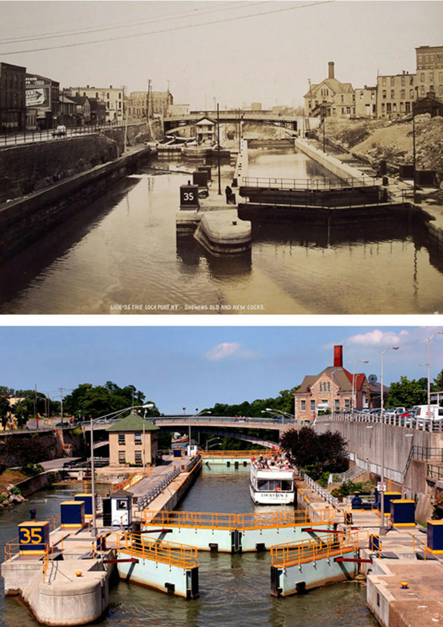 Lock 35 in Lockport, both in 1917 and today. (Erie Canalway National Heritage Corridor)