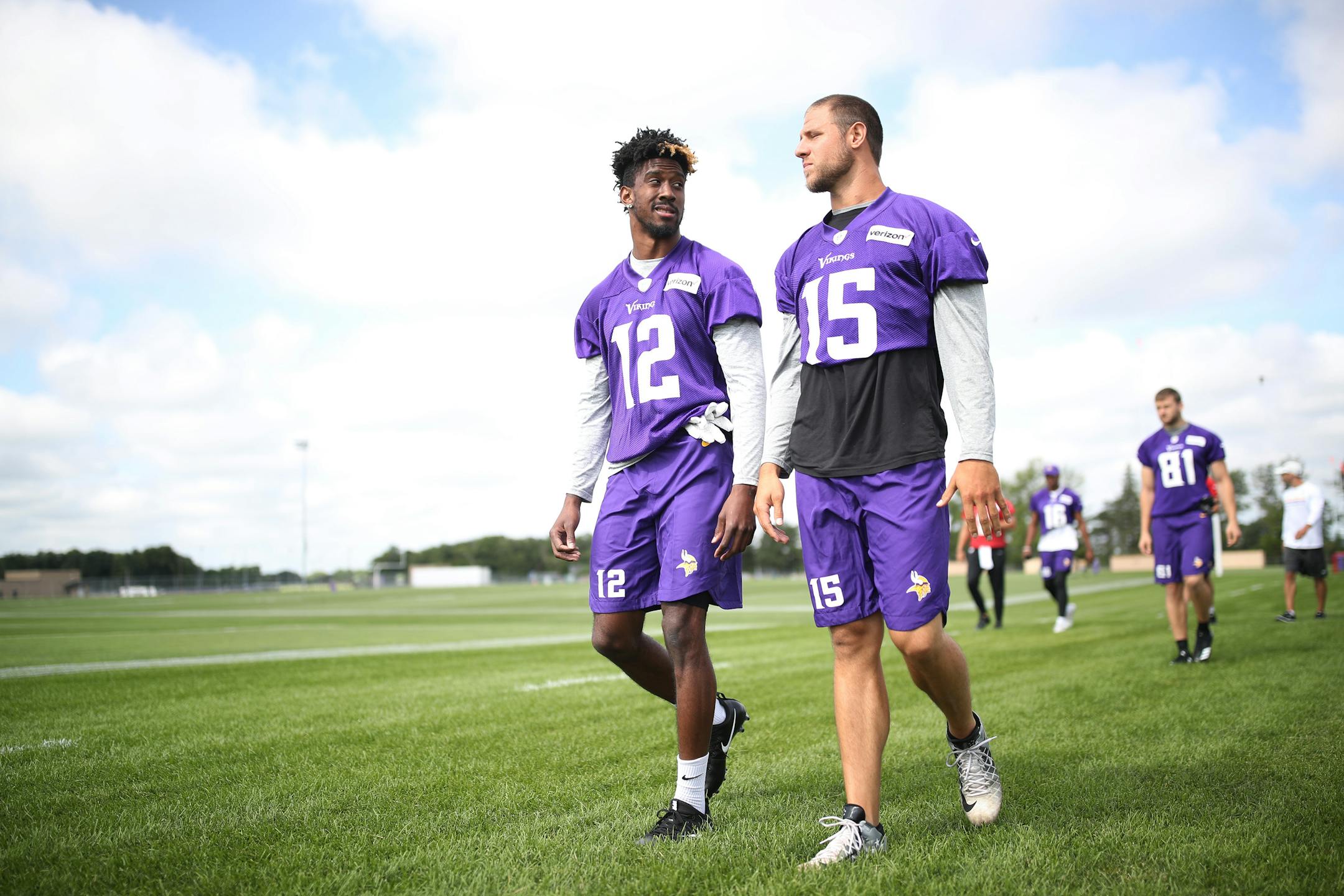 Vikings receivers Rodney Adams left and Issac Fruechte walked to the practice field at Minnesota State University Mankato Monday July 24, 2017 in Mankato , MN.