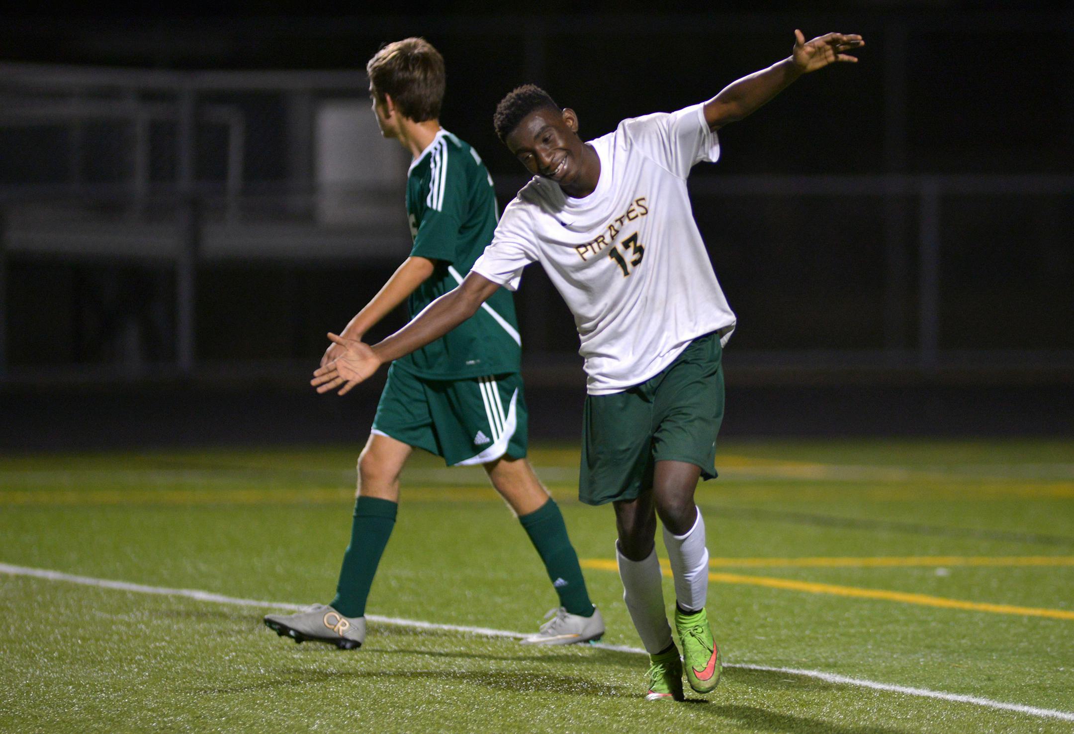 Park Center senior forward Sam Moses celebrates the Pirates 3-1 victory over Mounds View (Bre McGee, Special to the Star Tribune)