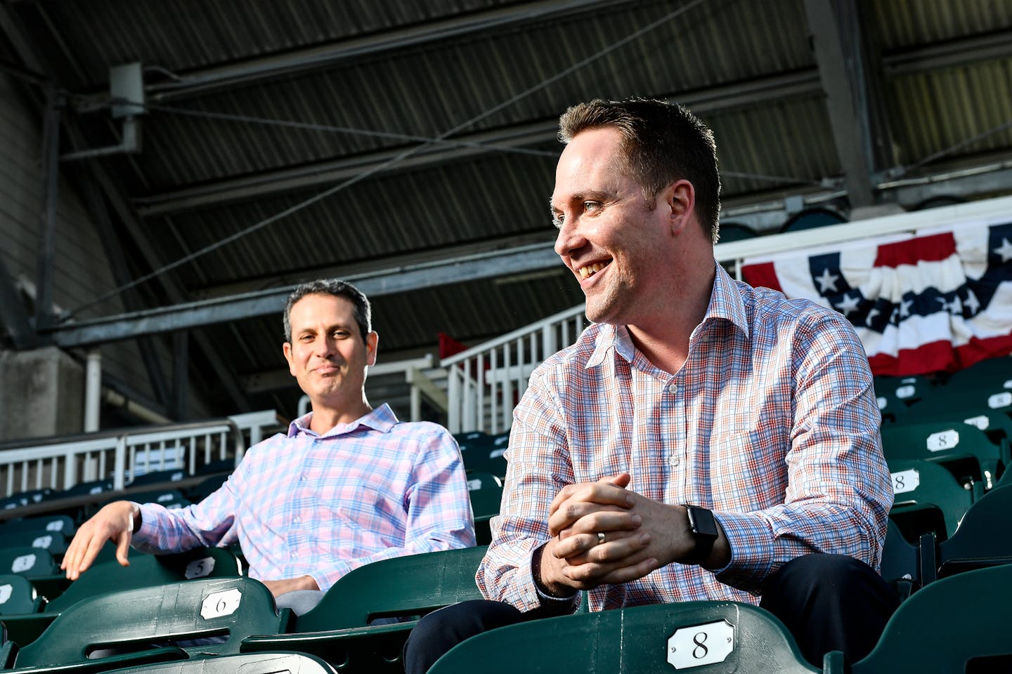 From left, Twins senior vice president and general manager Thad Levine and executive vice president and chief baseball officer Derek Falvey.