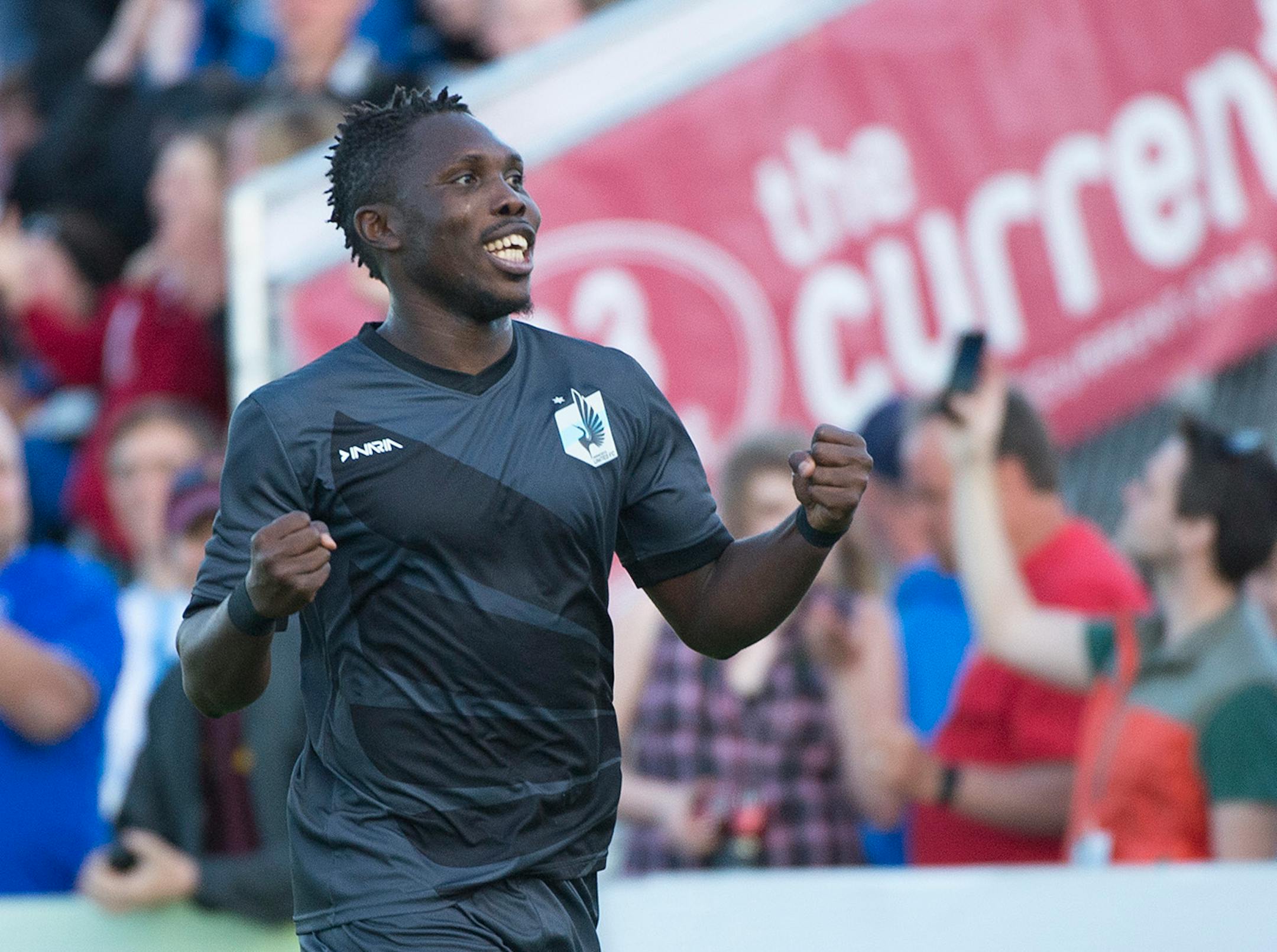 Minnesota United FC midfielder Kalif Alhassan (11) celebrated a goal by forward Pablo Campos (9) in the first half against Atlanta last Saturday night.