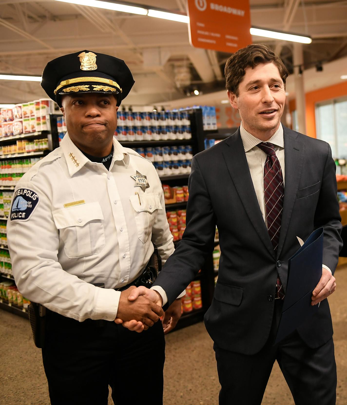 Minneapolis Police Chief Medaria Arradondo shook hands with Minneapolis Mayor Jacob Frey at the conclusion of a press conference Thursday at North Market. ] AARON LAVINSKY &#xef; aaron.lavinsky@startribune.com Minneapolis Police Department Chief Medaria Arradondo and Minneapolis Mayor Jacob Frey put forth their vision for mending police-community relations before holding a small community forum Thursday, Jan. 4, 2017 at North Market in Minneapolis, Minn.