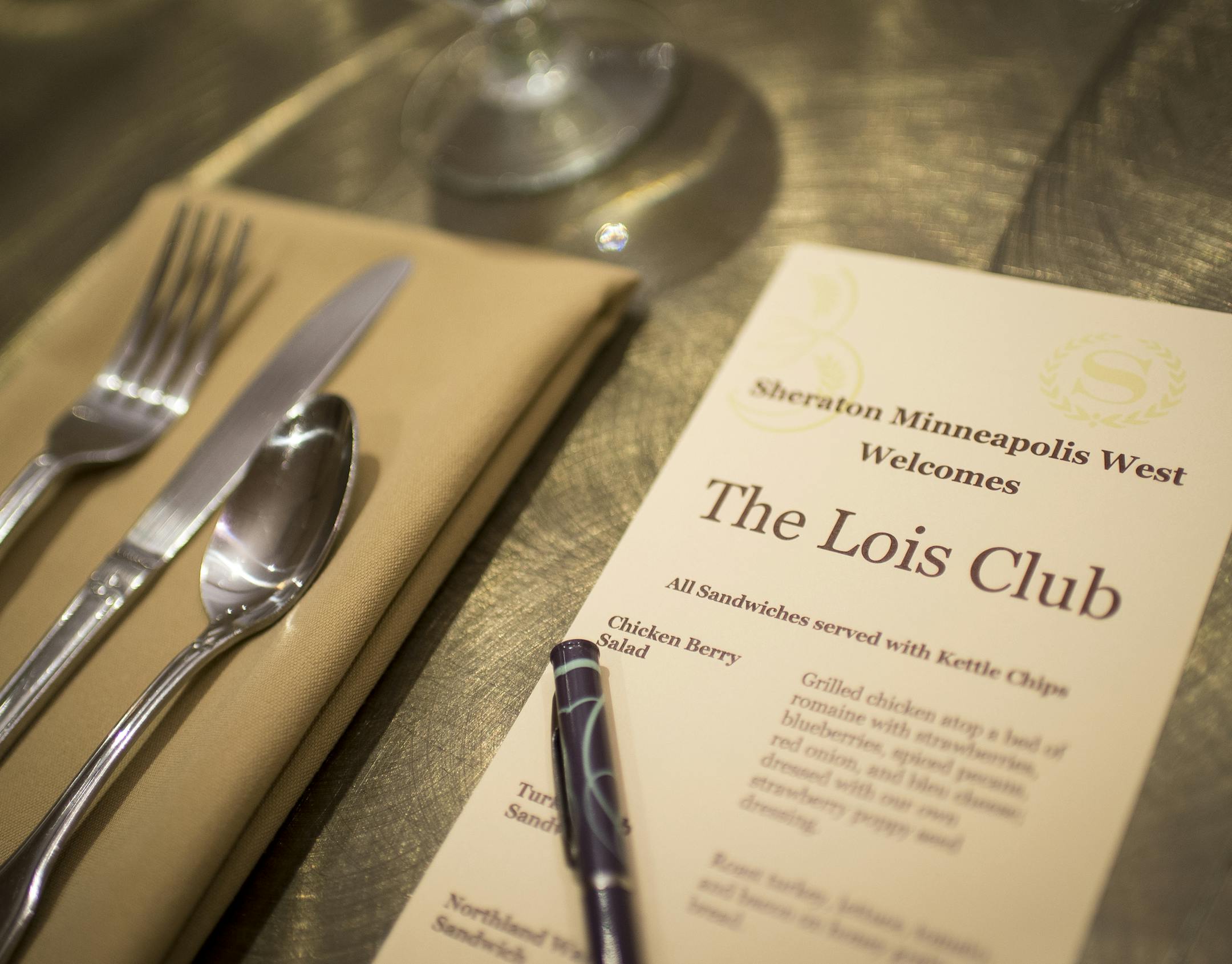 A menu with lunch options for the Lois Club was left at a place setting. ] (AARON LAVINSKY/STAR TRIBUNE) aaron.lavinsky@startribune.com t's one of the most exclusive clubs in the nation: The Lois Club, a society for women who are named Lois, and only Lois. The club was founded in St. Paul in 1979 when two Loises met at random. Now, it's national. But as the name Lois dies out, will the club, too? We photograph the Lois Club as it meets on Tuesday, Dec. 29, 2015 at the Sheraton Hotel in Minnetonk