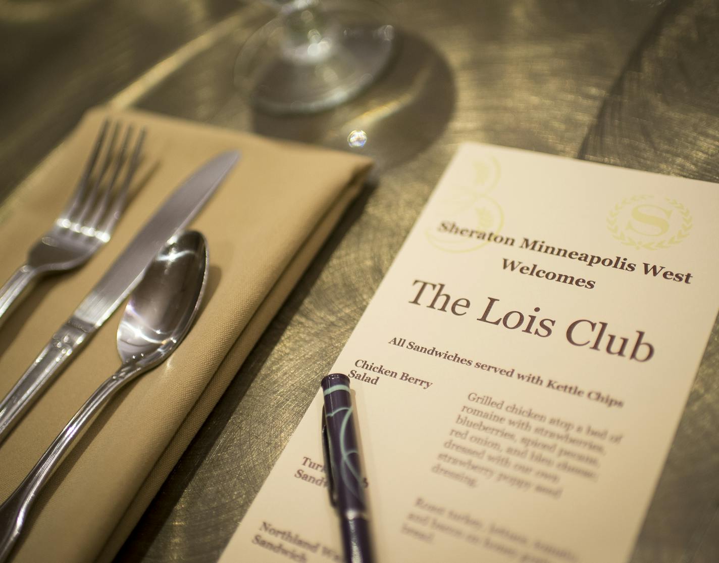 A menu with lunch options for the Lois Club was left at a place setting. ] (AARON LAVINSKY/STAR TRIBUNE) aaron.lavinsky@startribune.com t's one of the most exclusive clubs in the nation: The Lois Club, a society for women who are named Lois, and only Lois. The club was founded in St. Paul in 1979 when two Loises met at random. Now, it's national. But as the name Lois dies out, will the club, too? We photograph the Lois Club as it meets on Tuesday, Dec. 29, 2015 at the Sheraton Hotel in Minnetonk