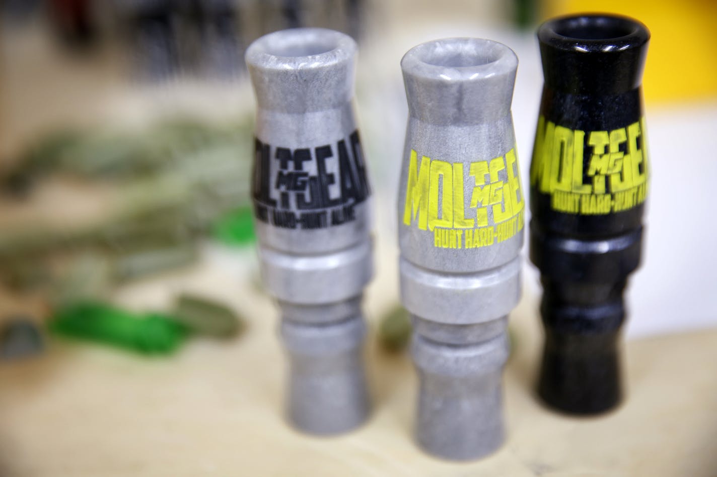 Completed goose calls in the headquarters of Molt Gear in Rochester, Minn.