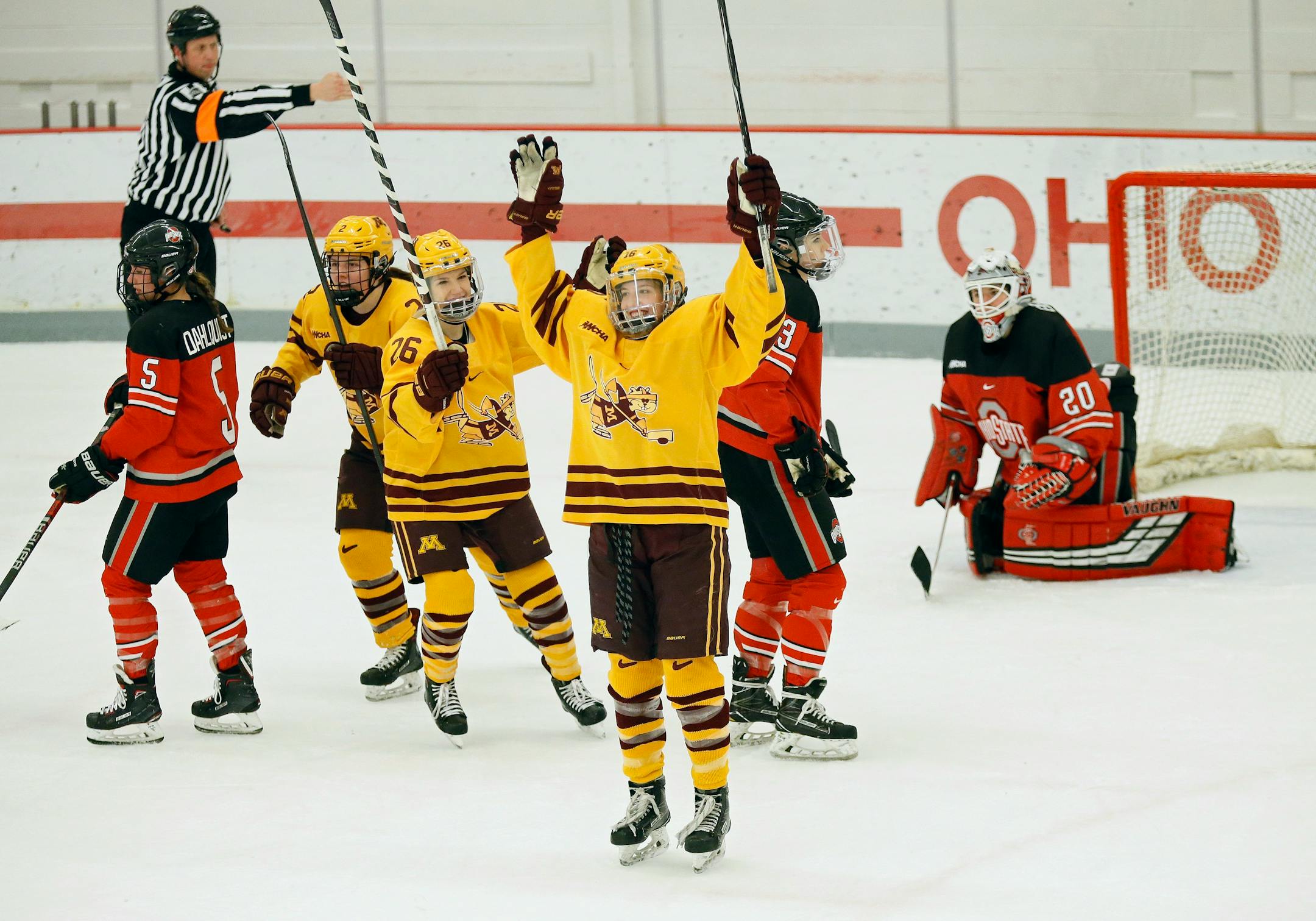 Amy Potomak celebrates scoring a goal on Ohio State during the second period Saturday in Columbus.