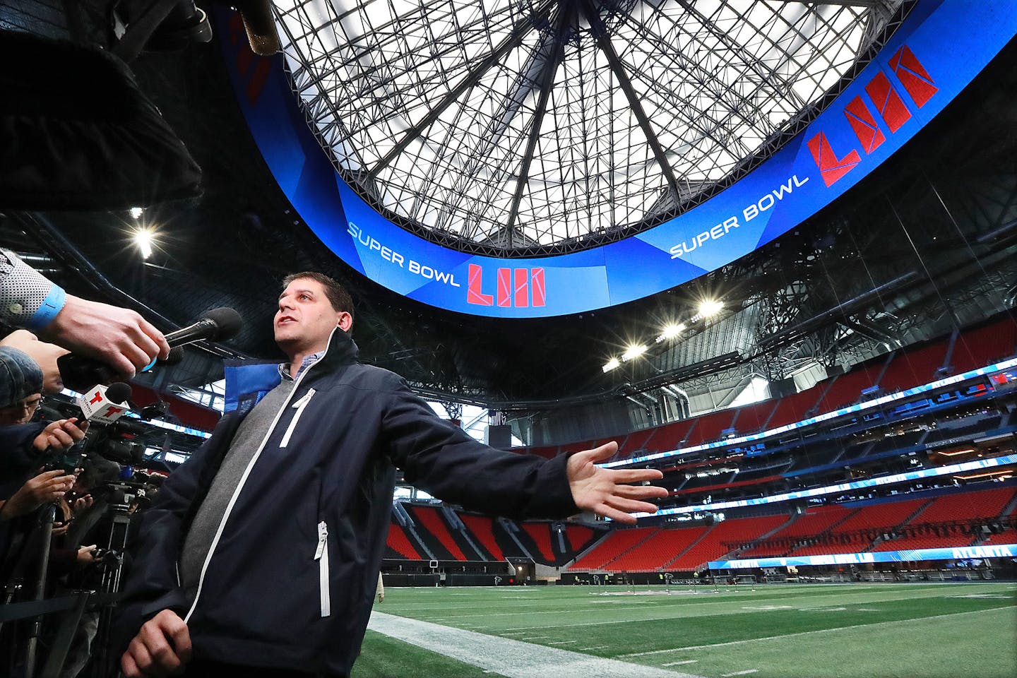 NFL Senior Director of Event Operations Eric Finkelstein takes questions from the media during a Super Bowl photo and interview opportunity inside Mercedes-Benz Stadium in Atlanta while it is being prepared for the game on Tuesday, Jan. 22, 2019. (Curtis Compton/Atlanta Journal-Constitution/TNS)