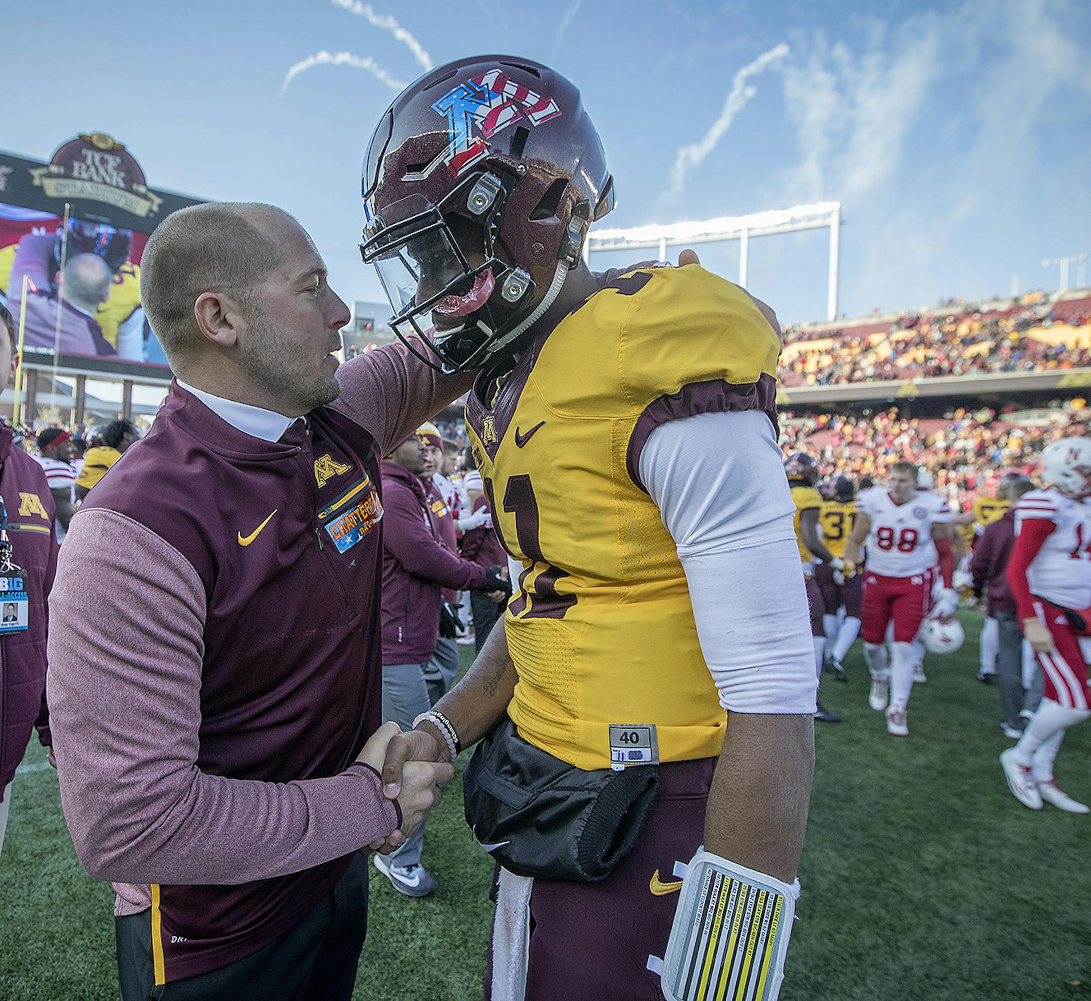 Minnesota's Head Coach P. J. Fleck congratulated quarterback Demry Croft for his performance as they defeated Nebraska 54-21, Saturday, November 11, 2017 at TCF Bank Stadium in Minneapolis, MN. ] ELIZABETH FLORES &#xef; liz.flores@startribune.com