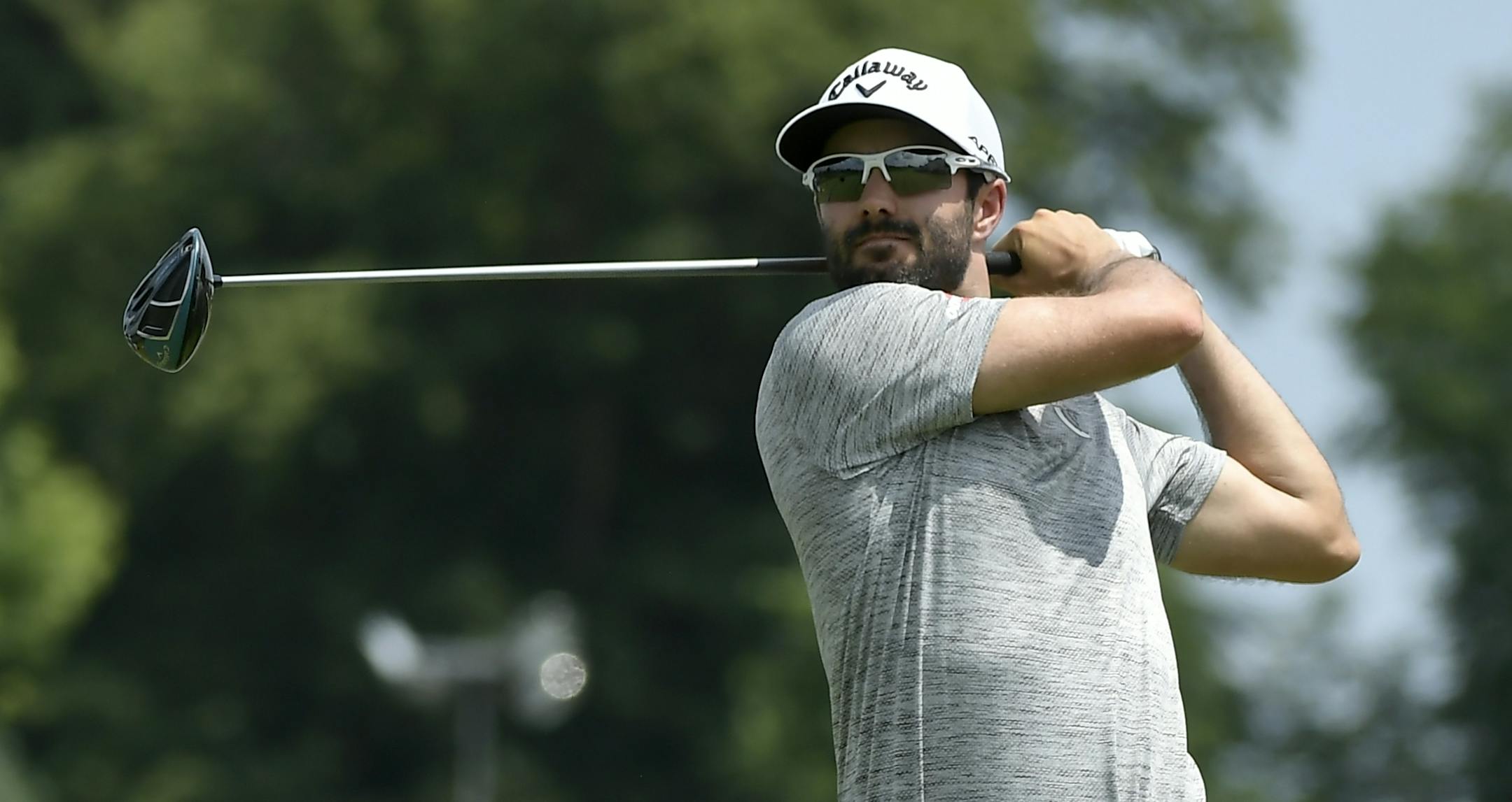 Adam Hadwin teed off on the first tee during the final day of the 3M Open at TPC Twin Cities.