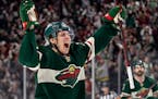 Joel Eriksson Ek of the Wild celebrated his first period goal Wednesday night at Xcel Energy Center.