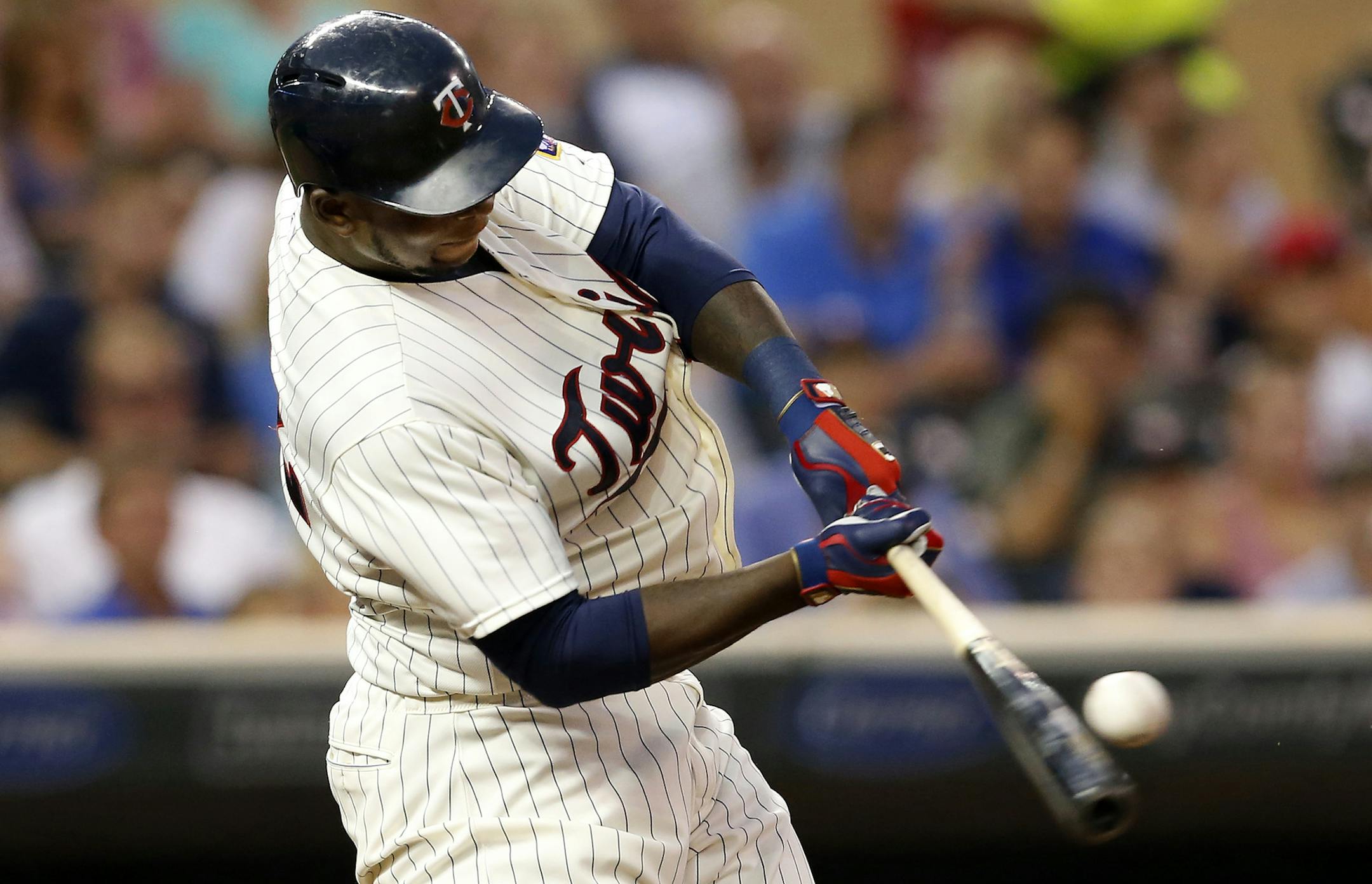 Minnesota Twins Miguel Sano hit a home run in the fourth inning off of Rangers pitcher Nick Martinez. The home run was his second of the game. ] CARLOS GONZALEZ cgonzalez@startribune.com - August 12, 2015, Minneapolis, MN, Target Field, Minnesota Twins vs. Texas Rangers