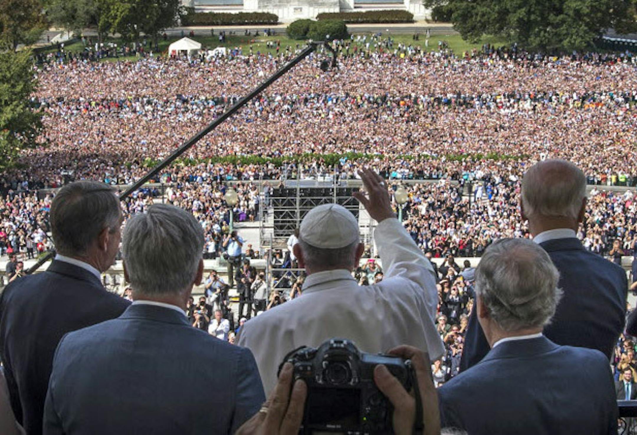 Pope Francis along with House and Senate leadership as well as local clergy gather on the balcony of the Speaker of the House after he spoke to a joint meeting of Congress on Thursday, Sept. 24, 2015 in Washington.